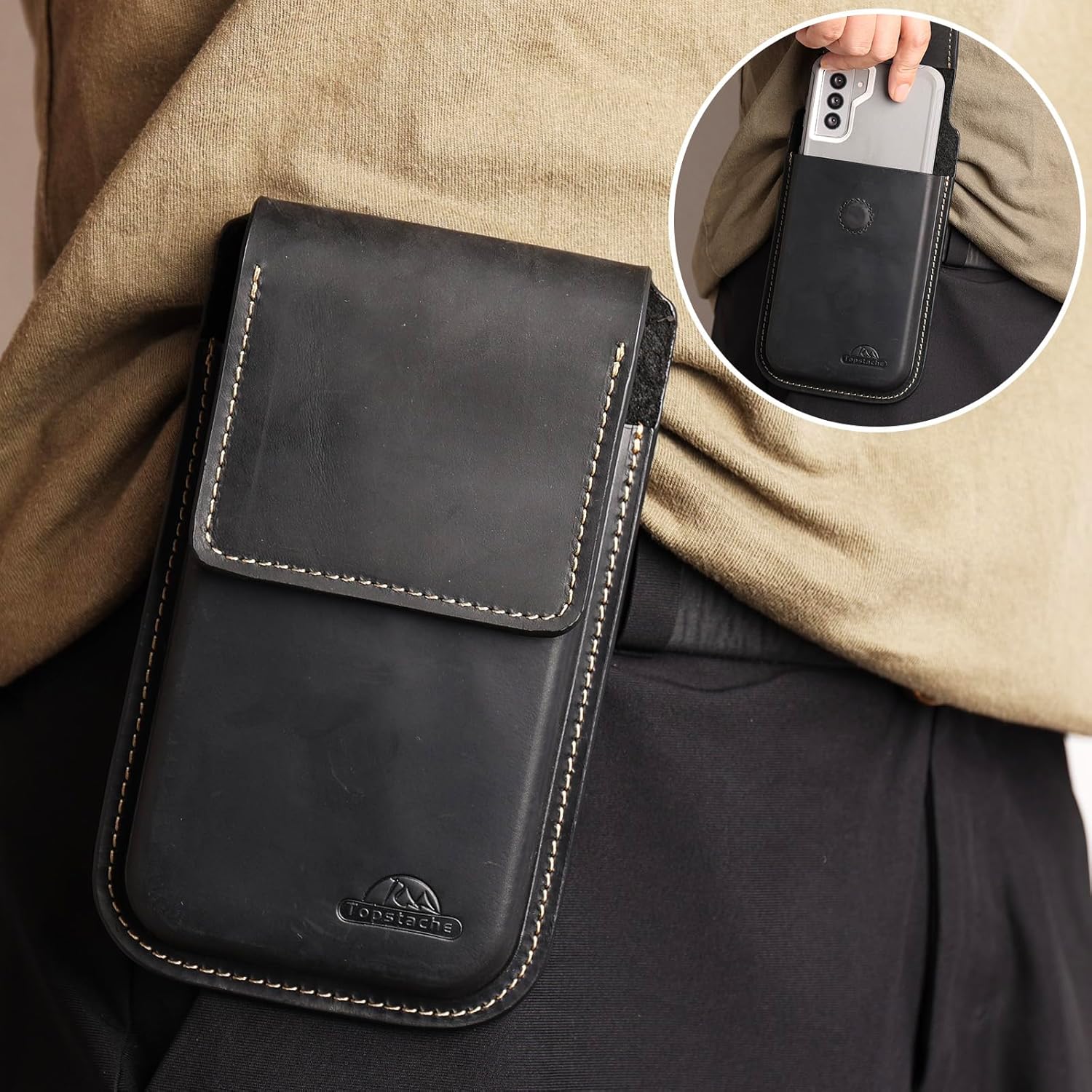 Topstache Funda de cuero para teléfono con clip para cinturón, funda universal para teléfono celular para iPhone 1413 Pro Max, S23 Plus con clip