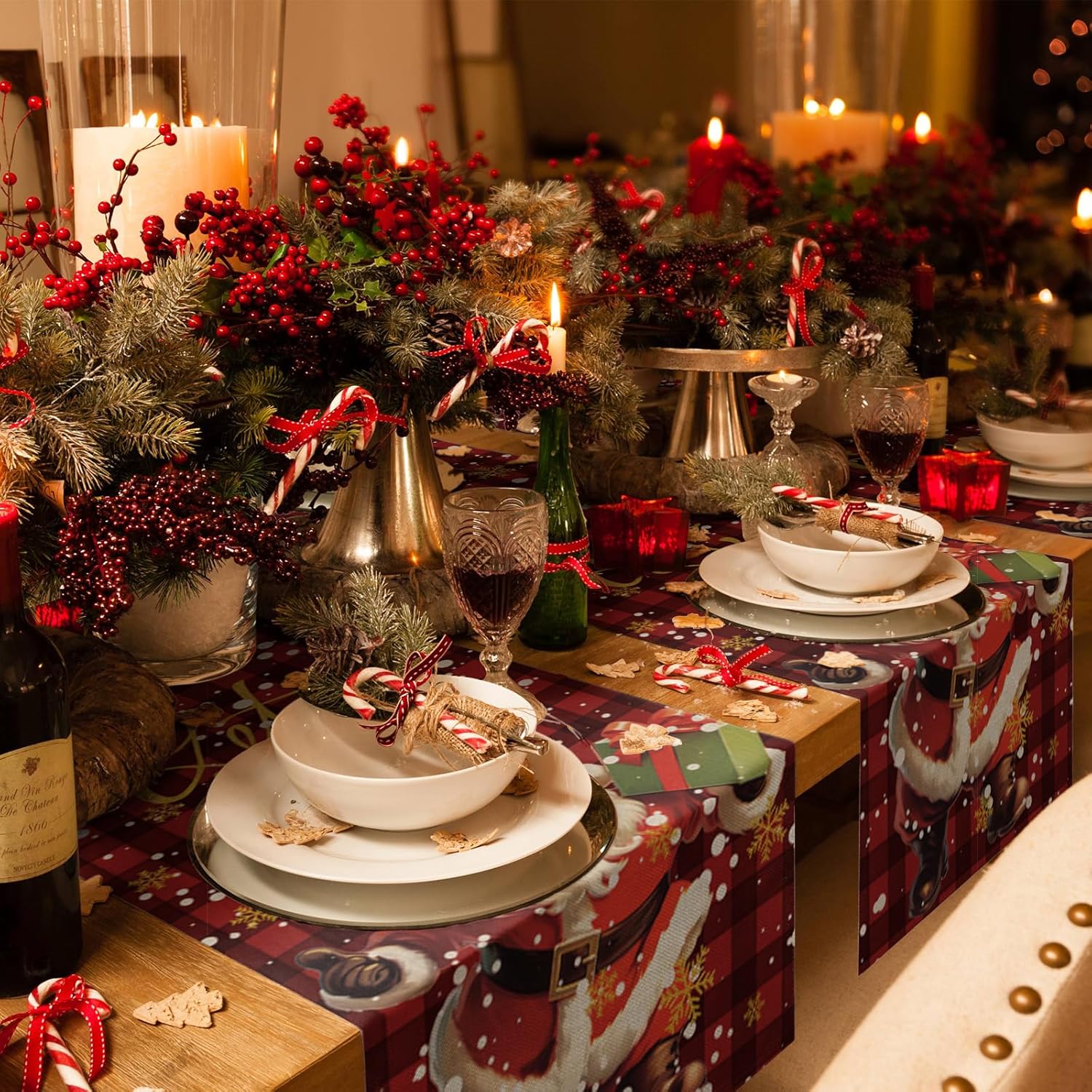 Camino de mesa de Navidad de Papá Noel con regalo, clásico rojo y negro, a cuadros, bufandas de cocina, comedor, caminos de mesa para interiores y