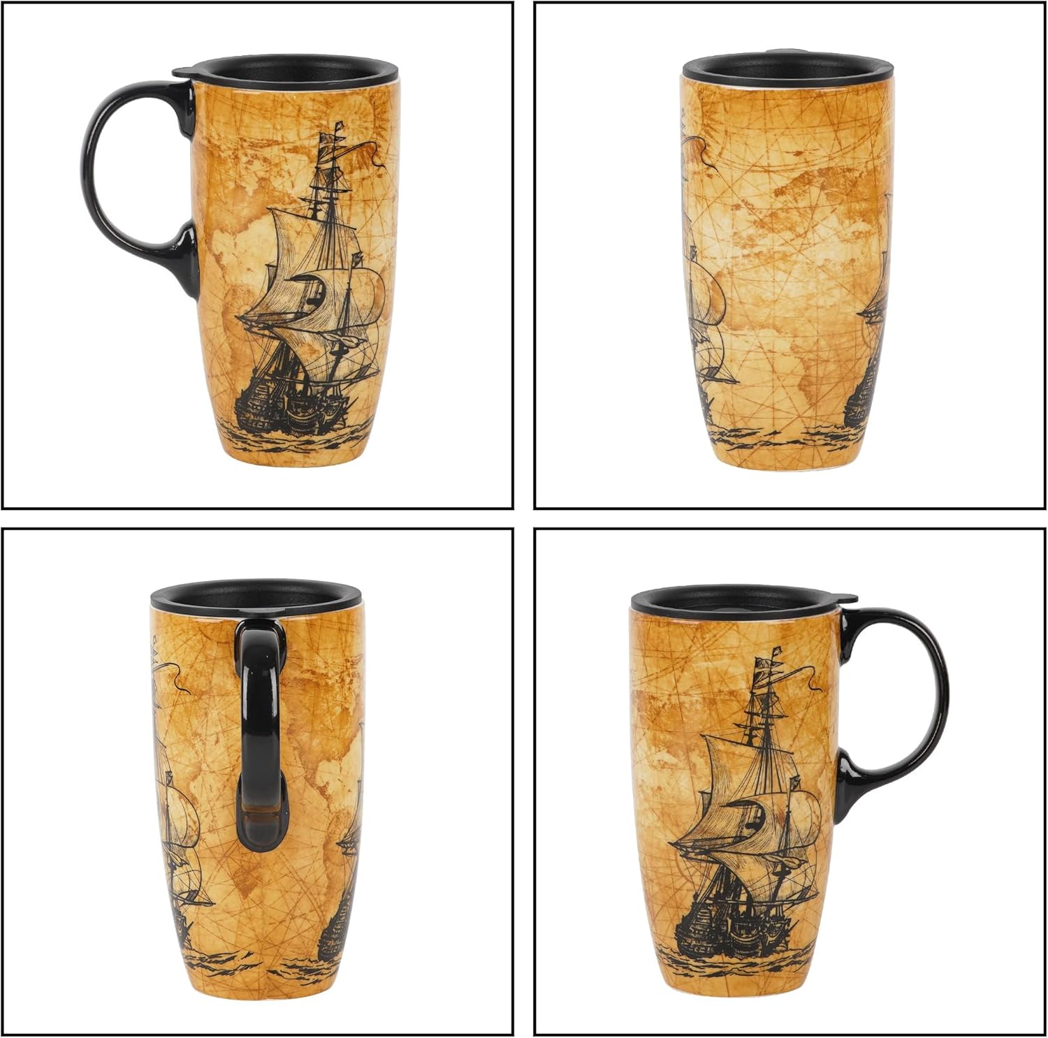 DUSVALLY Taza de cerámica taza de café de viaje taza de café de porcelana con tapa a prueba de derrames y caja de regalo, 17 onzas