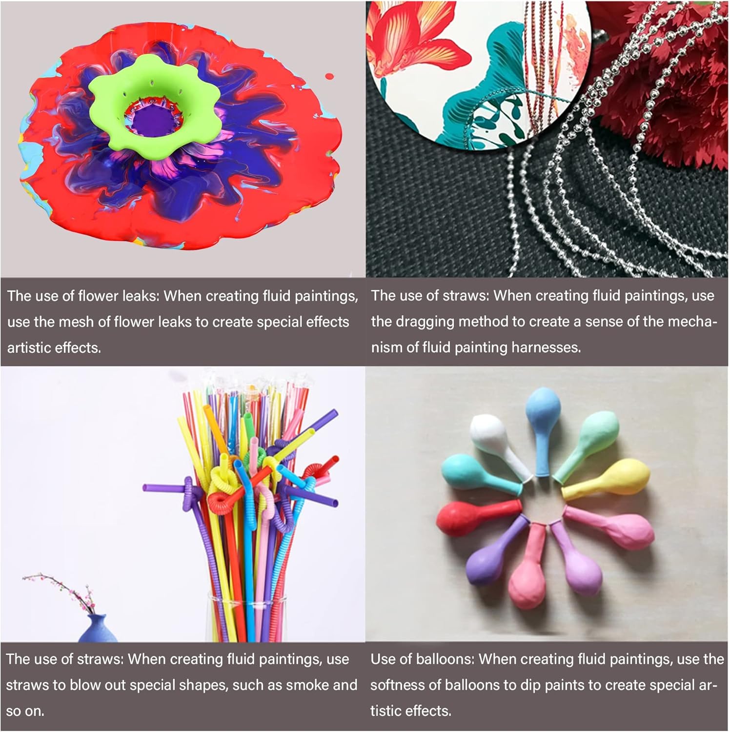 Allazone – Juego de 50 coladores acrílicos para verter incluye cepillo de plástico de silicona, cuchillo de dibujo, globo, pajitas, guantes para