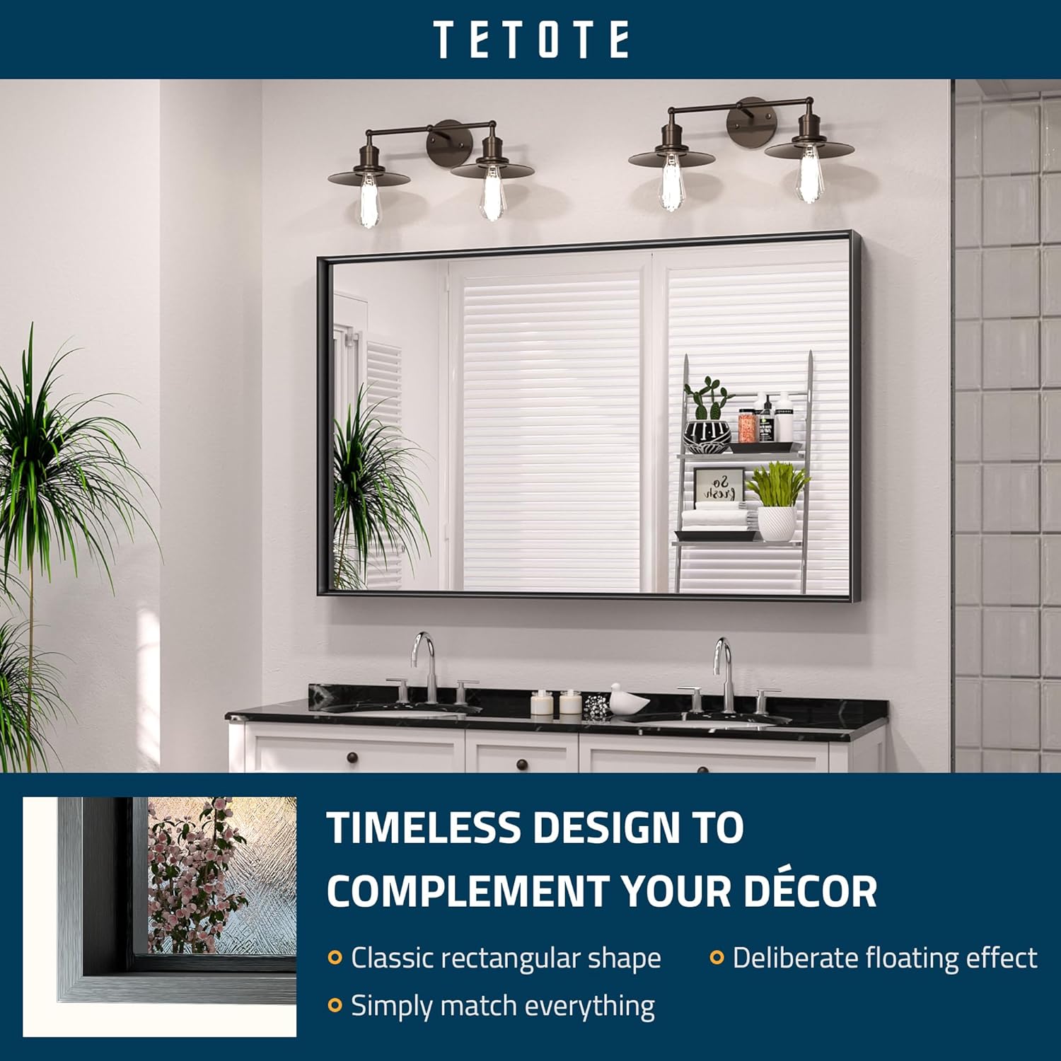 TETOTE Espejo de baño con marco negro de 48 x 30 pulgadas, espejo rectangular grande con marco de metal negro mate, espejo de pared rectangular