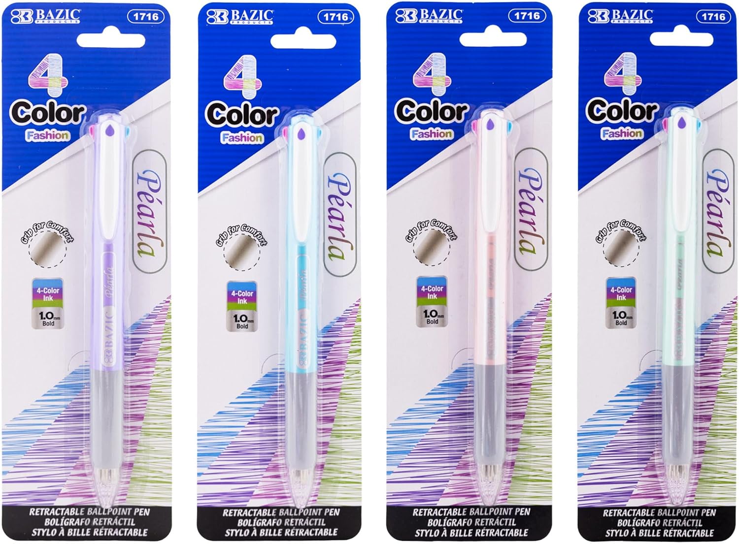 BAZIC – Bolígrafo de moda de 4 colores, punta media de 0.039 pulgadas retráctil multicolor con agarre de cojín, 4 colores en 1 para oficina y