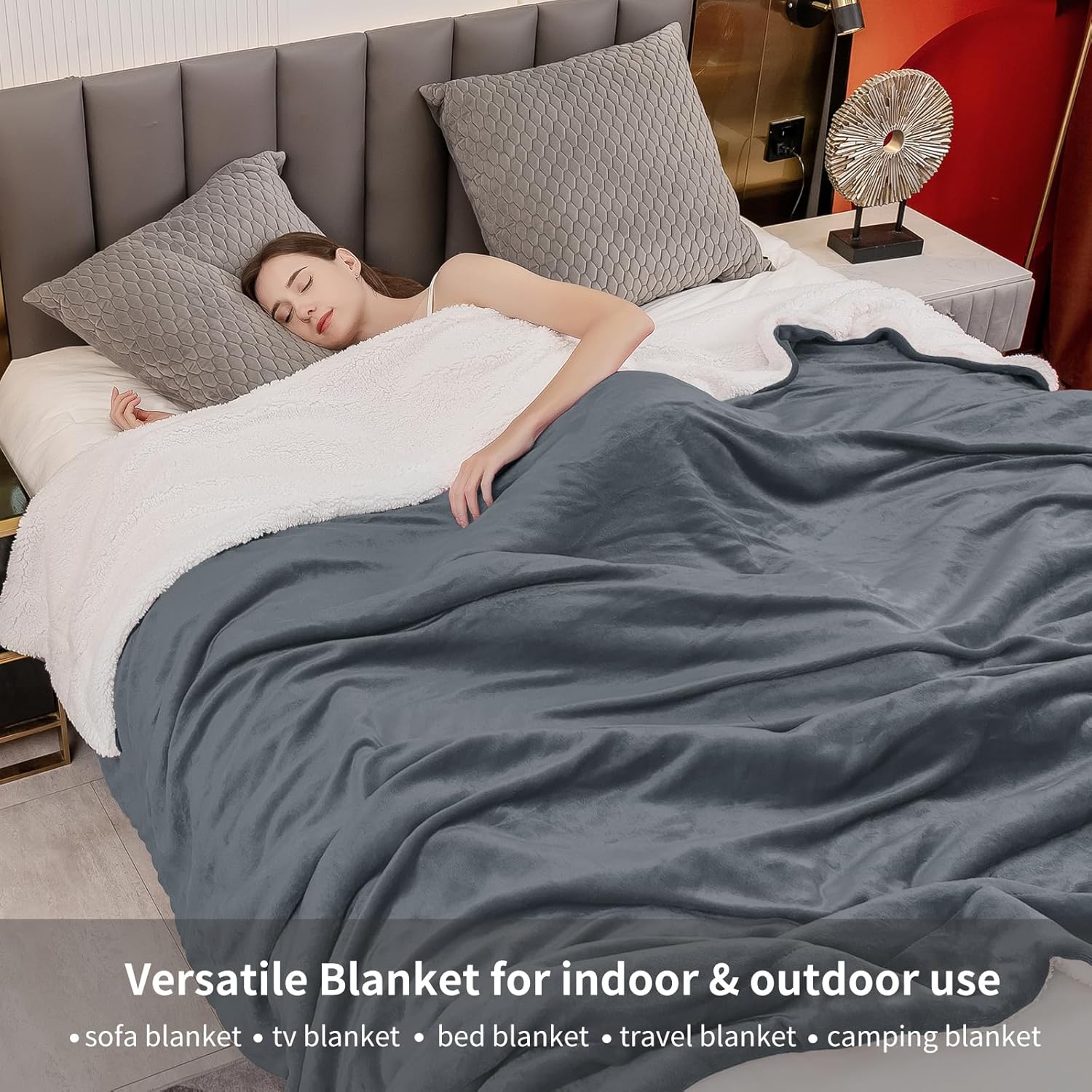 Aisbo Manta cálida King  Manta reversible de franela sherpa gruesa color gris oscuro para cama tamaño King grande y grande, manta de invierno de