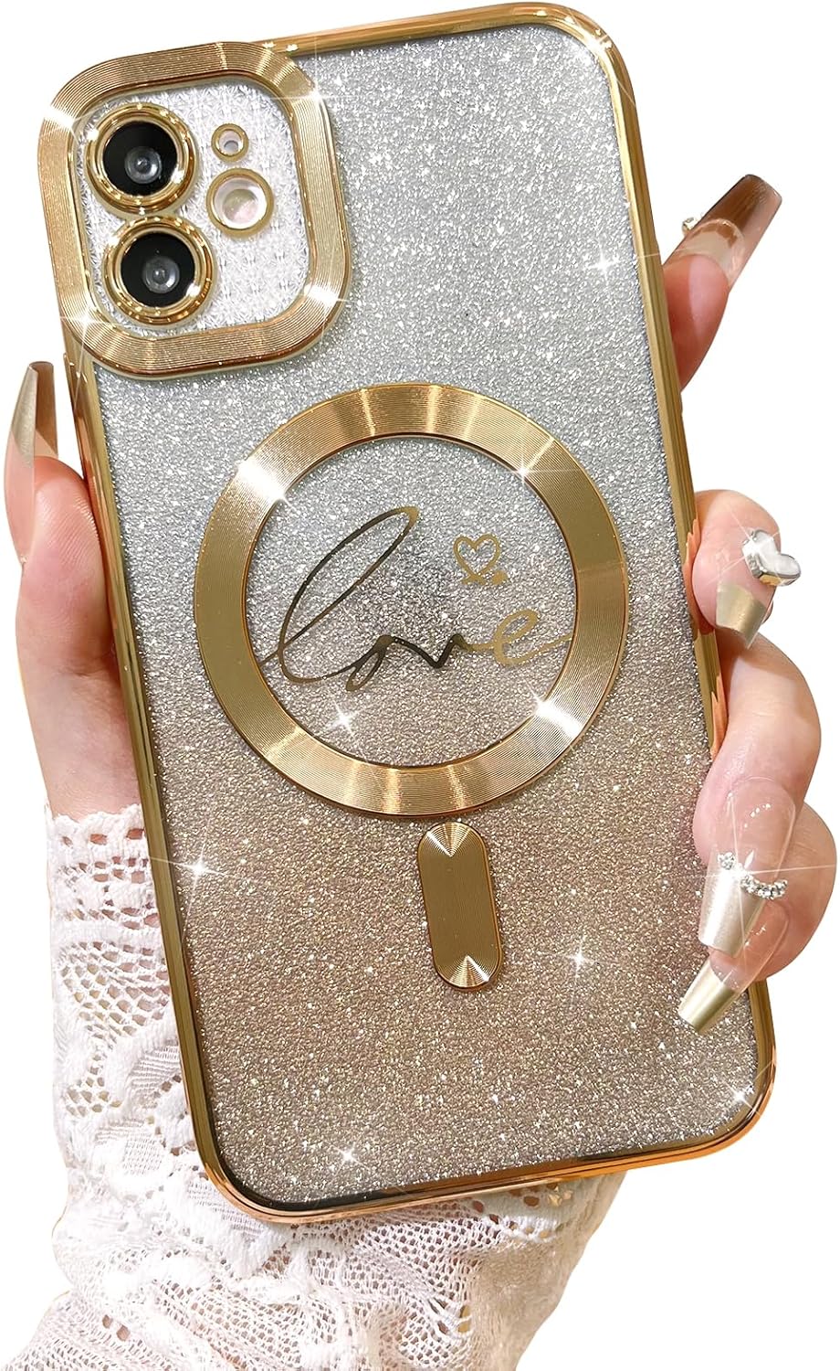 Fiyart Funda compatible con iPhone 12, compatible con MagSafe Love con protección de cámara, transparente, purpurina magnética para mujeres y niñas,