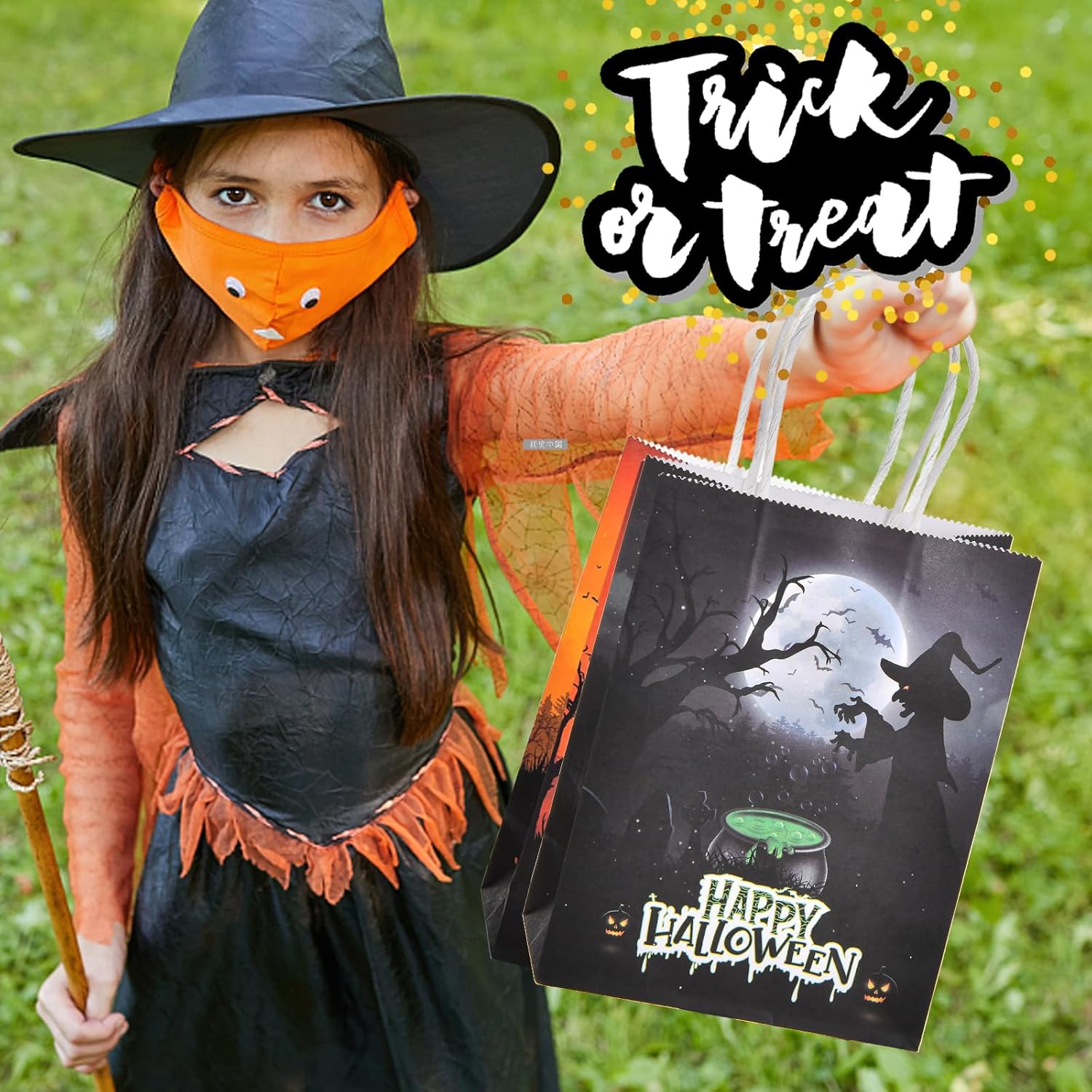 OGLARING – 24 bolsas de papel de regalo de Halloween, pequeñas bolsas de dulces de Halloween con asa, bolsas a granel para dulces o trucos para