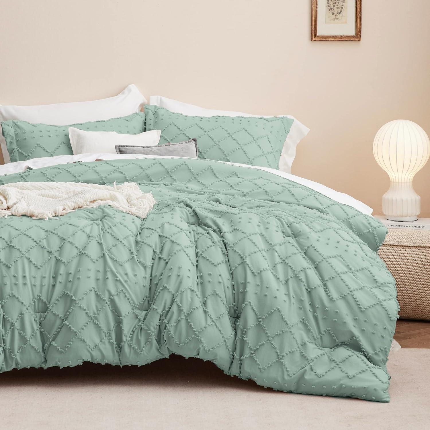 Bedsure Juego de edredón tamaño Queen  Edredón verde salvia, juego de ropa de cama bohemio desgastado chic, juego de ropa de cama vintage de 3