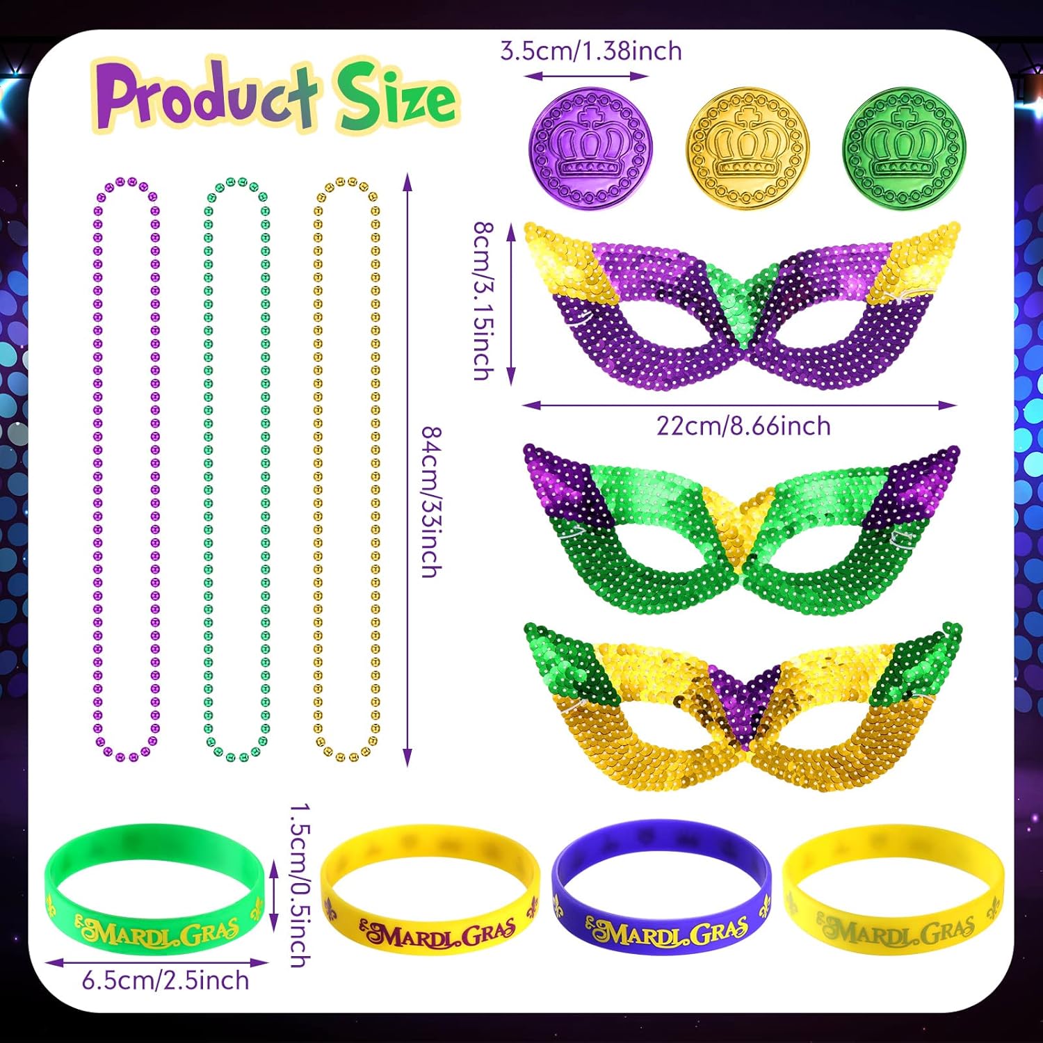 120 unidades de Mardi Gras, recuerdos de fiesta, Mardi Gras, máscaras de ojos de plástico, morado, verde, dorado, monedas, collares, pulseras de