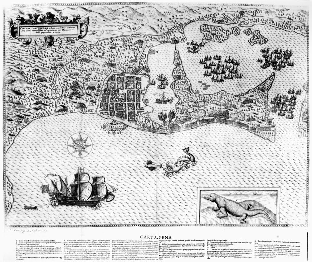 Póster de Colombia Cartagena 1600S con grabado en línea nenglish del siglo XVII de la ciudad española de Cartagena, Colombia (24 x 36)