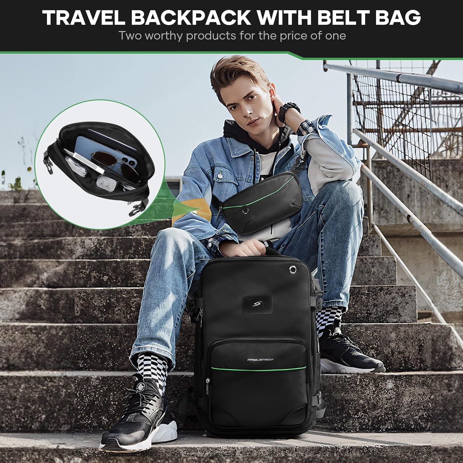 Maelstrom Mochila de viaje para hombres y mujeres, mochila de mano de 35 litros para viajar en avión, con bolsa de cinturón de moda, mochila casual