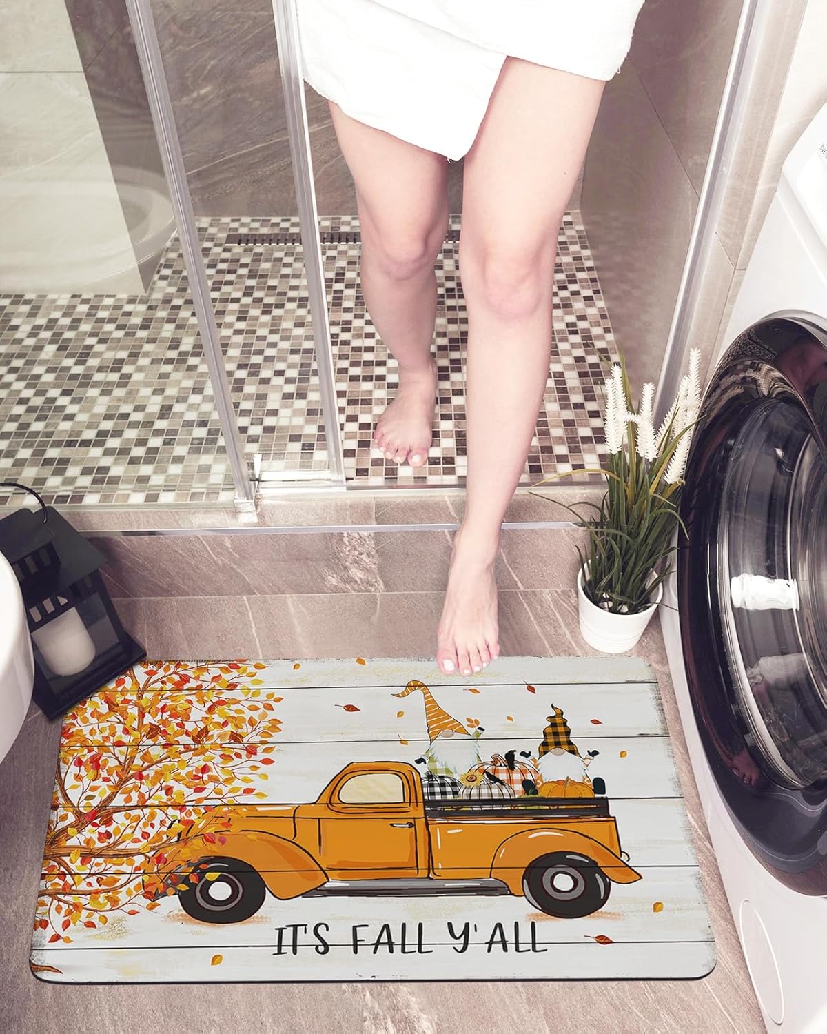 Bath Mat,Autumn Thanksgiving Gnome Truck Maple Tree Wooden Grain Indoor Door Thin Mat Absorbent Bathroom Quick Dry Rug Entrance Non Slip Rubber
