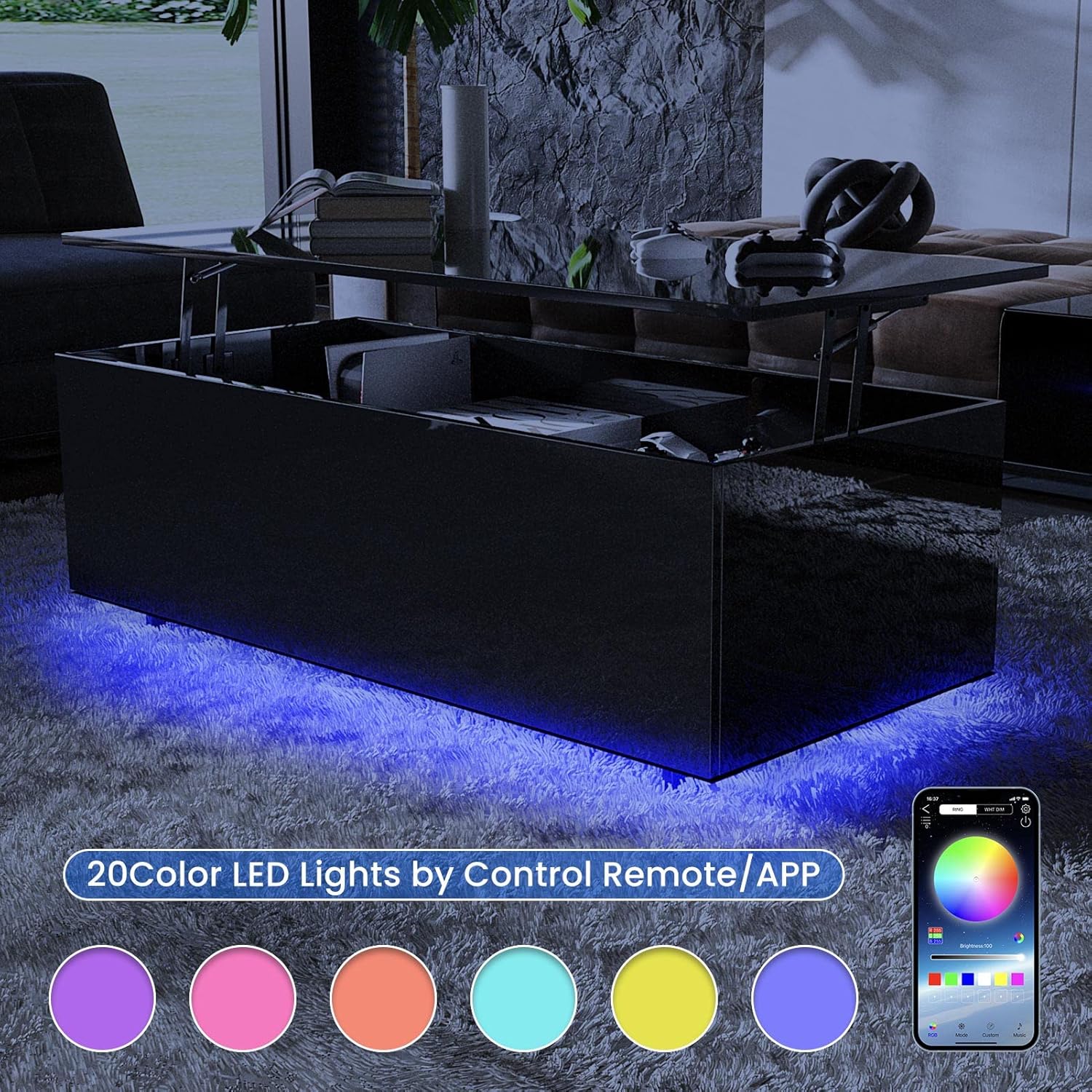 Mesa elevadora de alto brillo con luces LED, mesa auxiliar LED con estante de almacenamiento y compartimento oculto para el hogar, sala de estar,