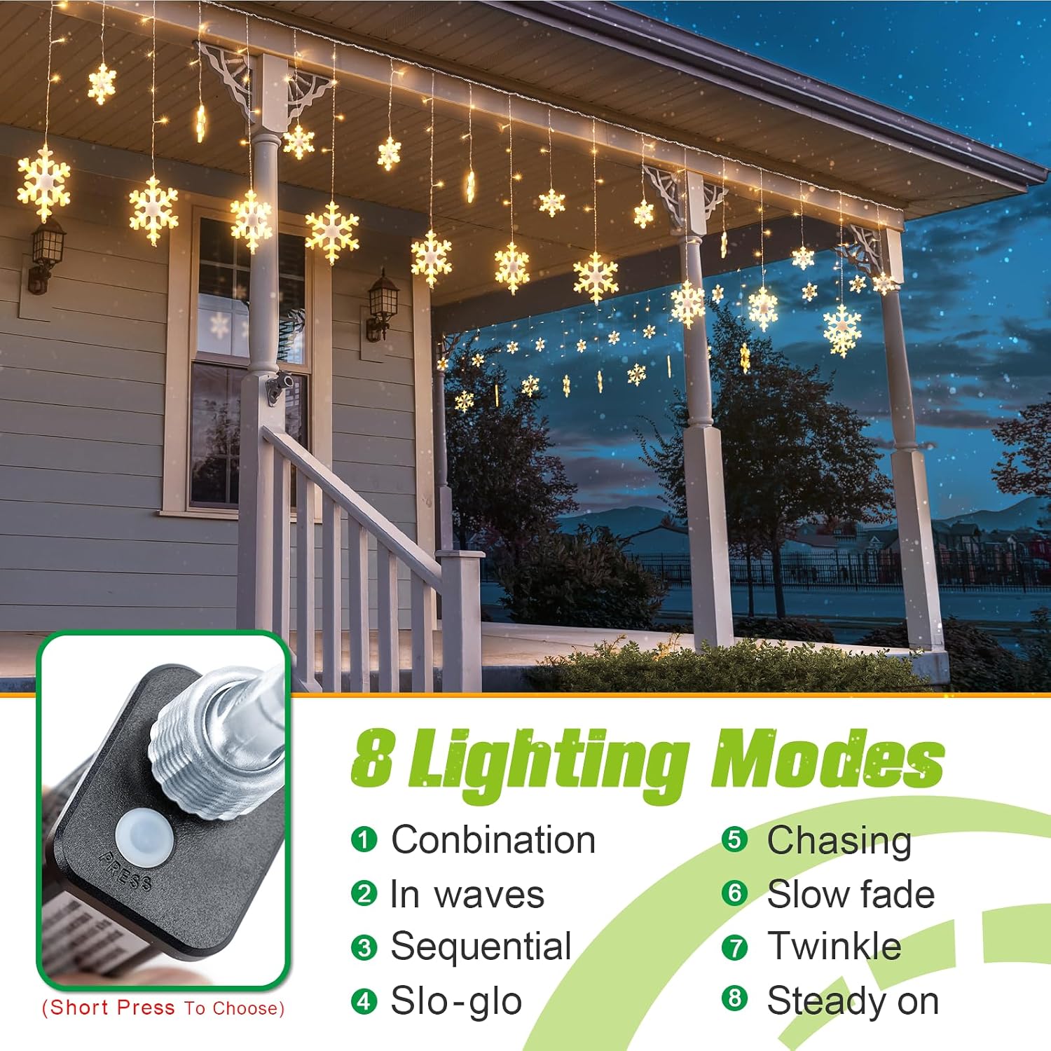 JOFIOS Luces de copo de nieve de Navidad, 11.48 pies, luces LED de Navidad con 14 gotas, luces de copo de nieve impermeables que emiten iluminación