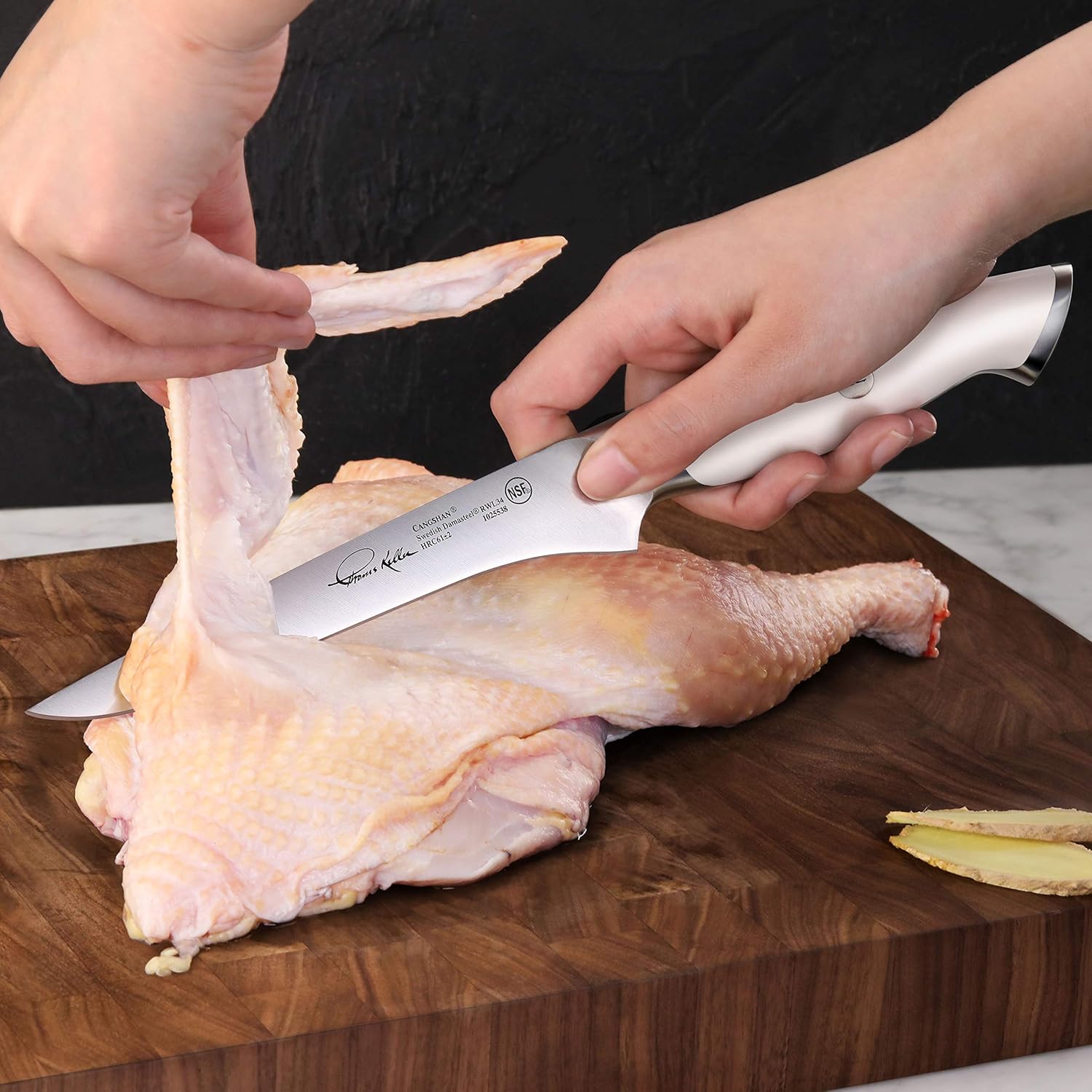Cangshan Thomas Keller Signature Collection – Cuchillo de deshuesar de acero forjado en polvo sueco, 6 pulgadas, color blanco