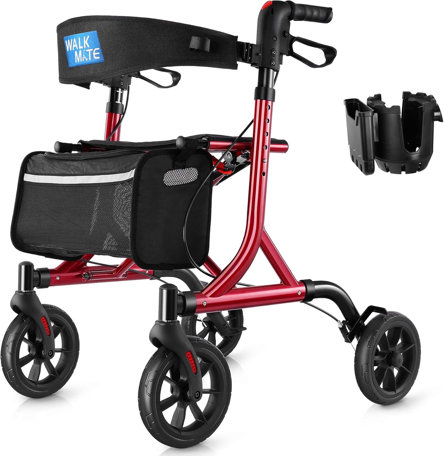Andador con ruedas para personas mayores con soporte para tazas, botón de presión de pulgar mejorado para ajuste de altura, caminante de 4 x 8