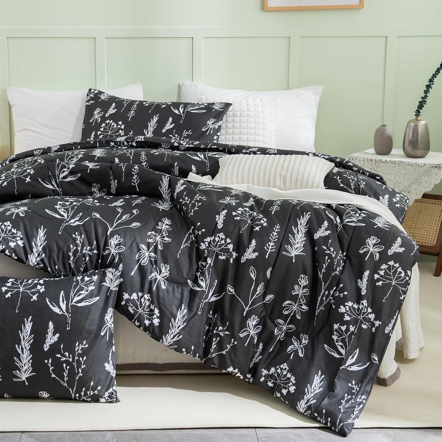 Herside Juego de edredón floral negro tamaño Queen, juegos de ropa de cama de granja, edredón floral suave y ligero con plantas, juego de ropa de