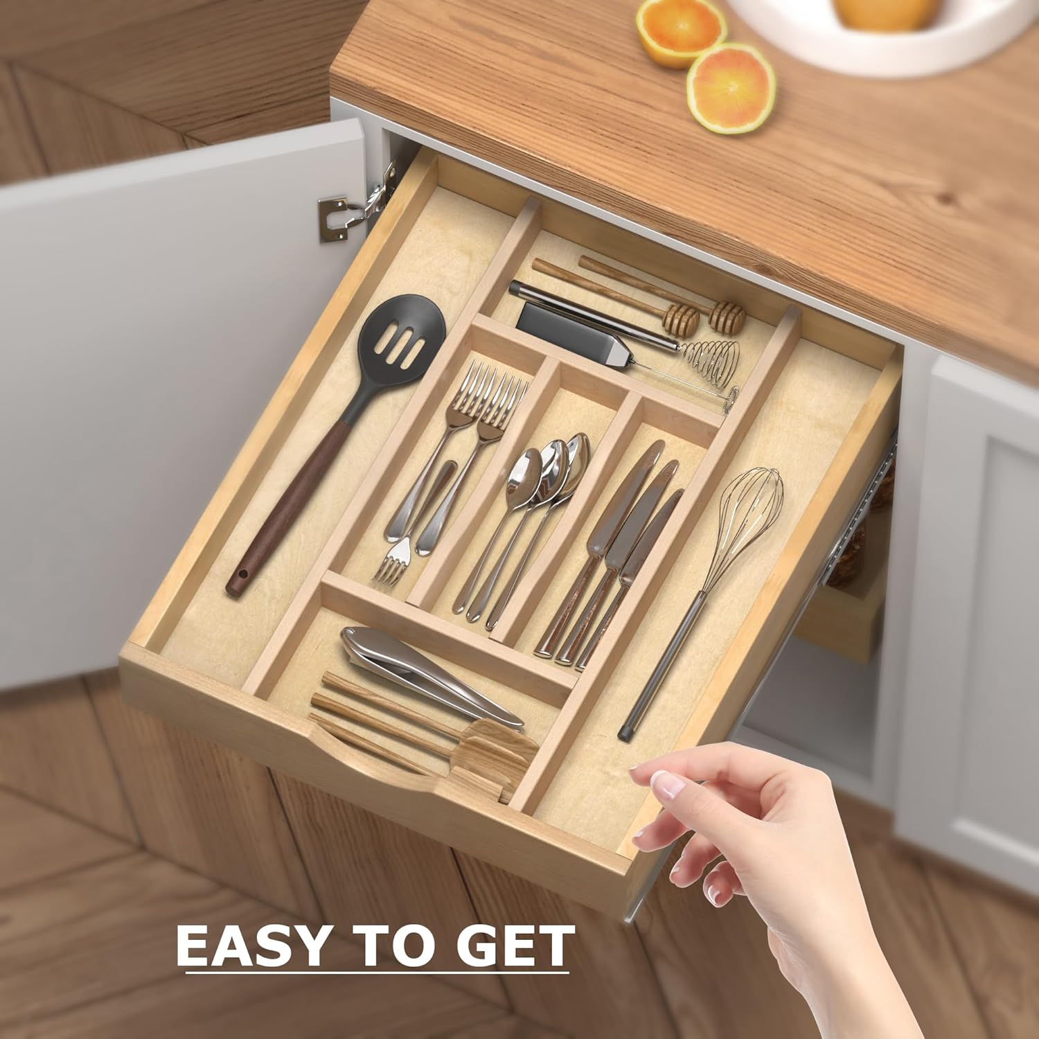 Organizador de cajones de cocina, organizador de utensilios para cajones de cocina, organizador de utensilios de cajón de madera, organizador de