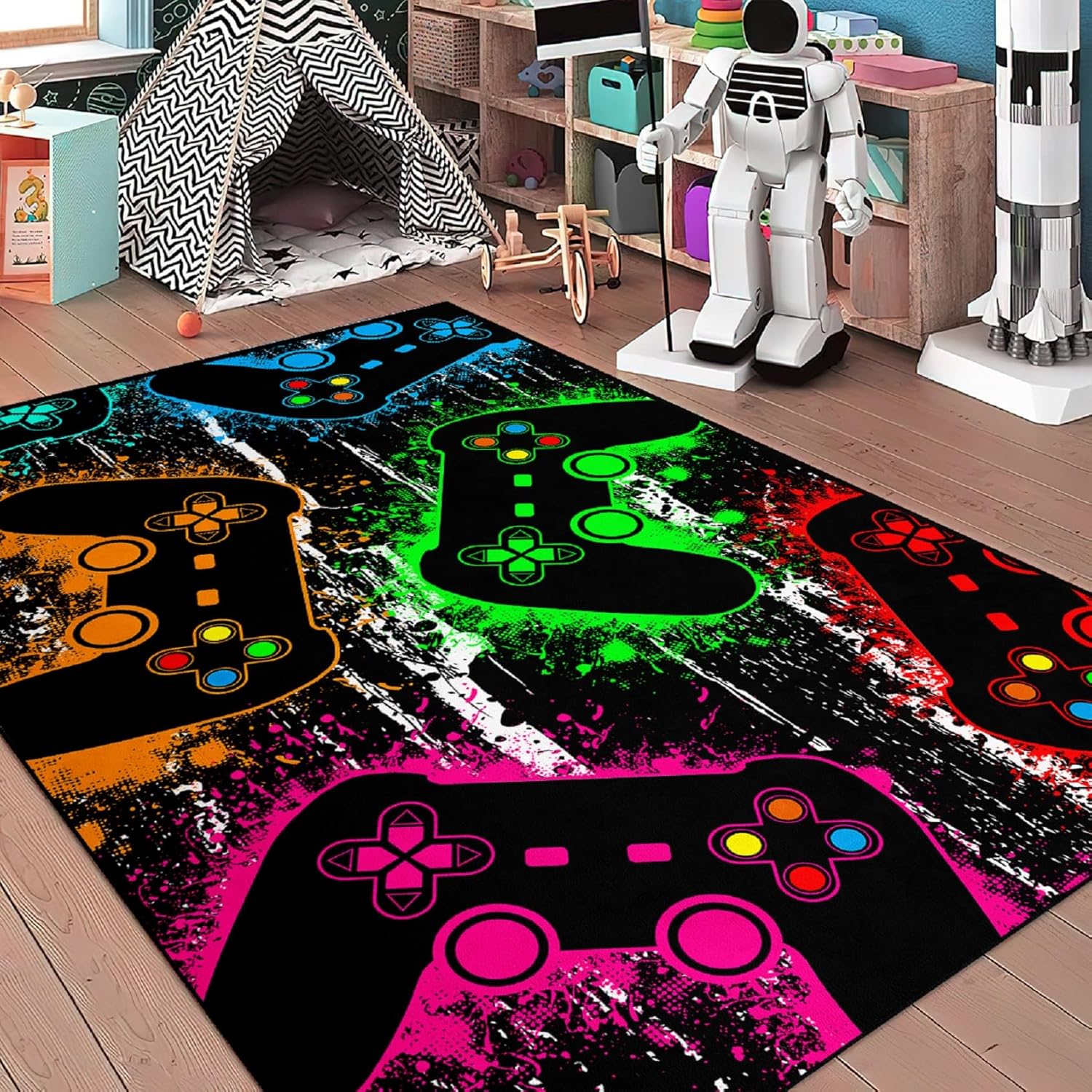 Alfombra de área grande para comedor, habitación de los niños, tapete de gamepad dibujado a mano verde para adolescentes, alfombra de piso para sala