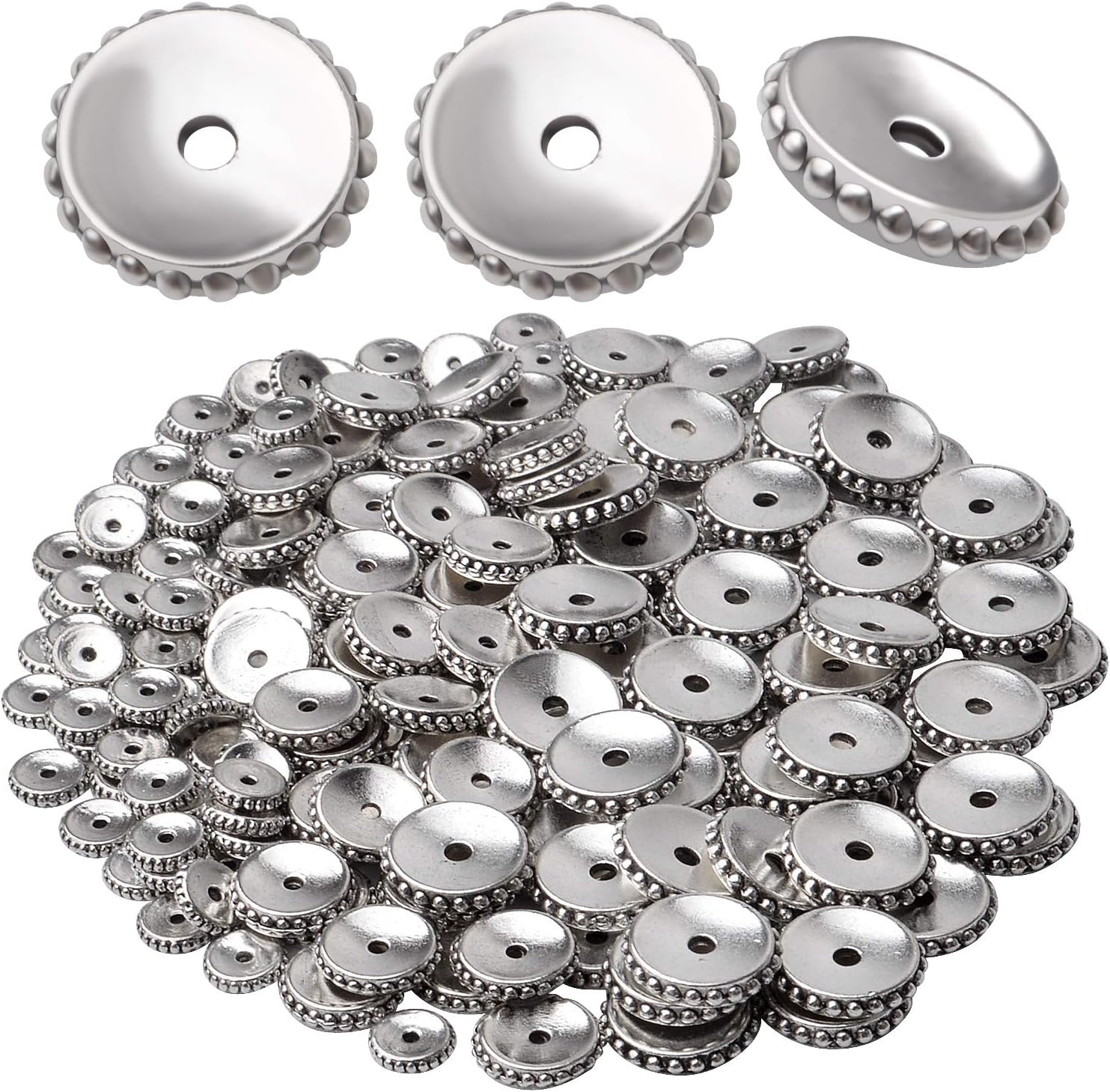 200 cuentas espaciadoras redondas planas de plata envejecida tibetana con una caja para hacer joyas, suministros de manualidades
