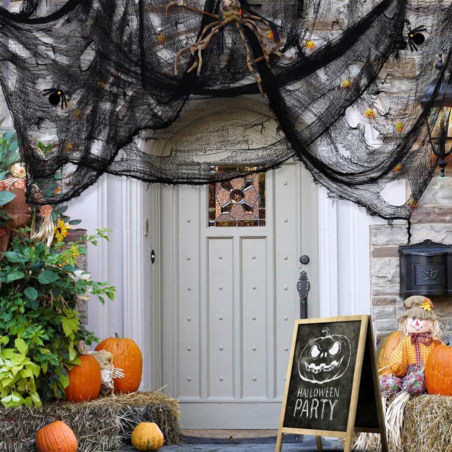 Tela espeluznante de Halloween de 197 x 85 pulgadas, paño de tela espeluznante negro para decoración de interiores y exteriores, gasa aterradora