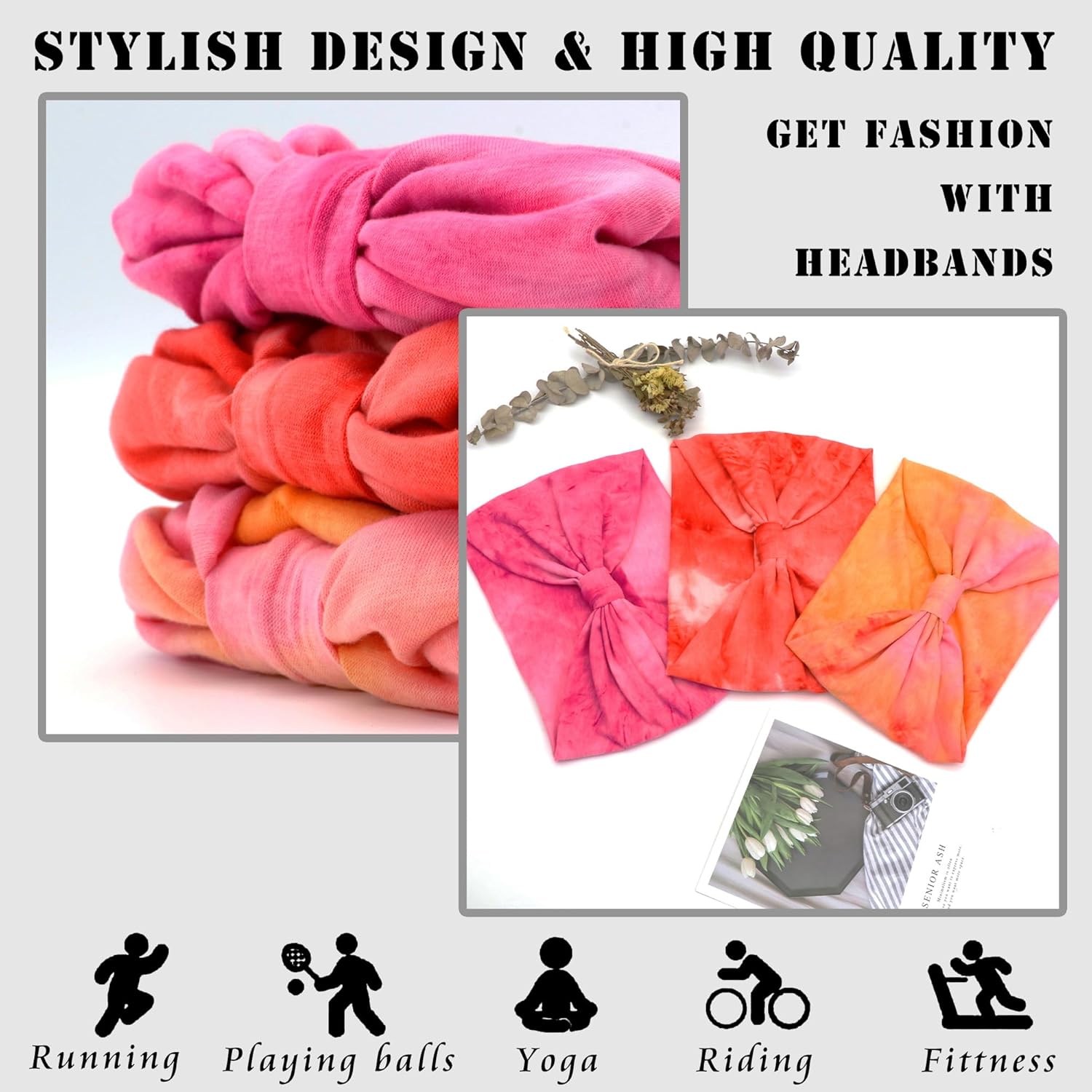 FULZTEY Diademas anchas para mujer, diademas bohemias de moda, color rosa, teñido anudado, elásticas, para yoga, deportes, entrenamiento, bandas