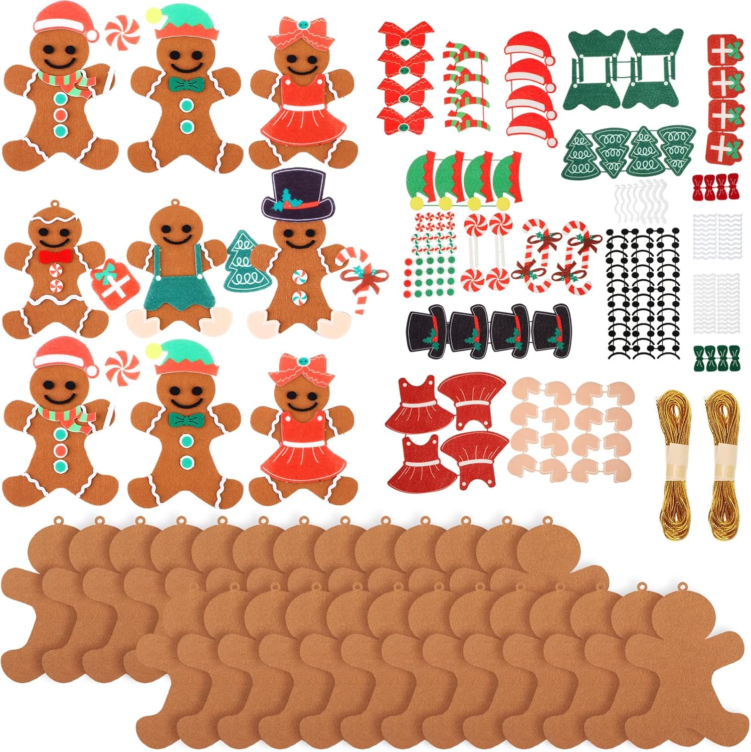 48 piezas de fieltro de Navidad de hombre de jengibre para niños, adorno de hombre de jengibre para hombre, pan de jengibre, colgar con hojas