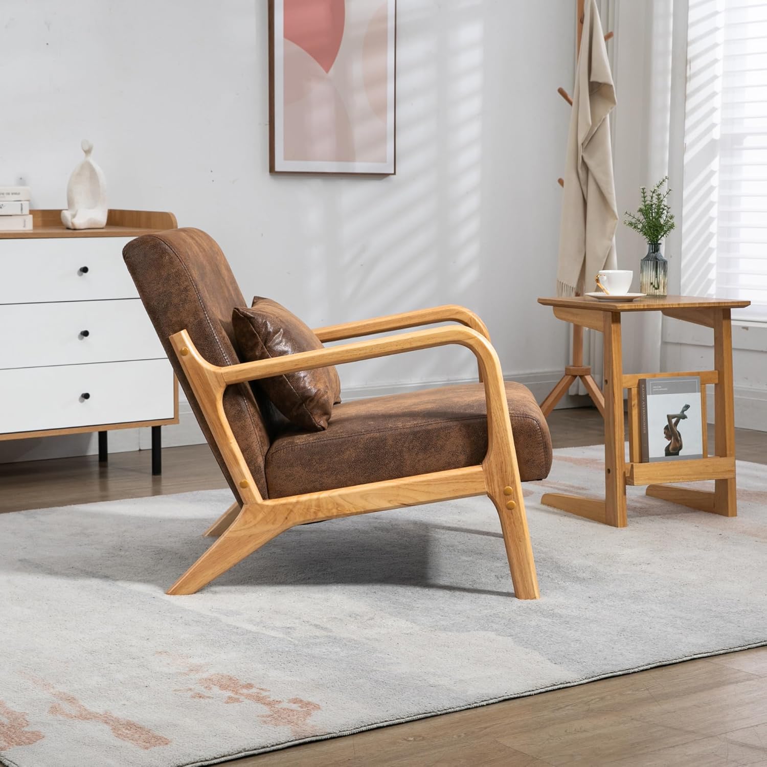 JUUXO Silla decorativa moderna Mid-Century marco de madera maciza con cojín lumbar tapizado, diseño versátil y minimalista para sala de estar,