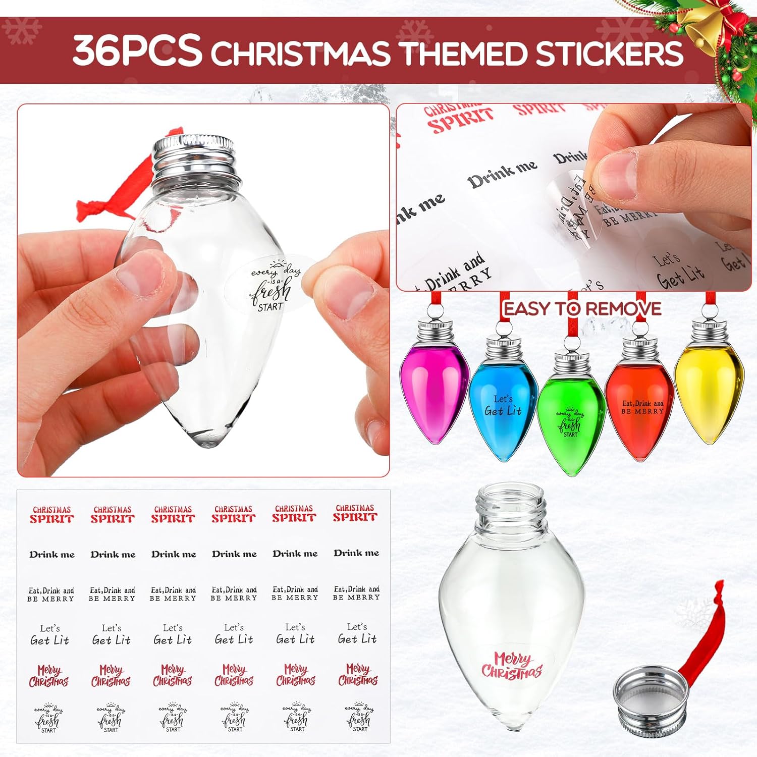 30 bolas de bebida de Navidad, adornos de vidrio de chupito, adornos de plástico rellenables para botellas de agua de Navidad transparentes,