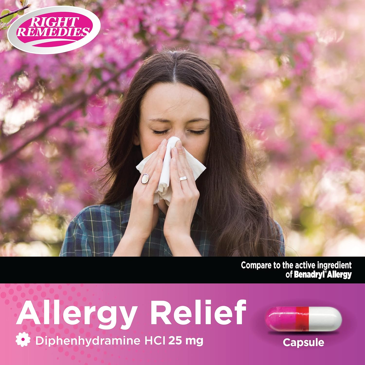 RIGHT REMEDIES Alivio de la alergia, antihistamínico, difenhidramina HCL 25 mg, cápsulas genéricas de benadryl, alivia las alergias estacionales en