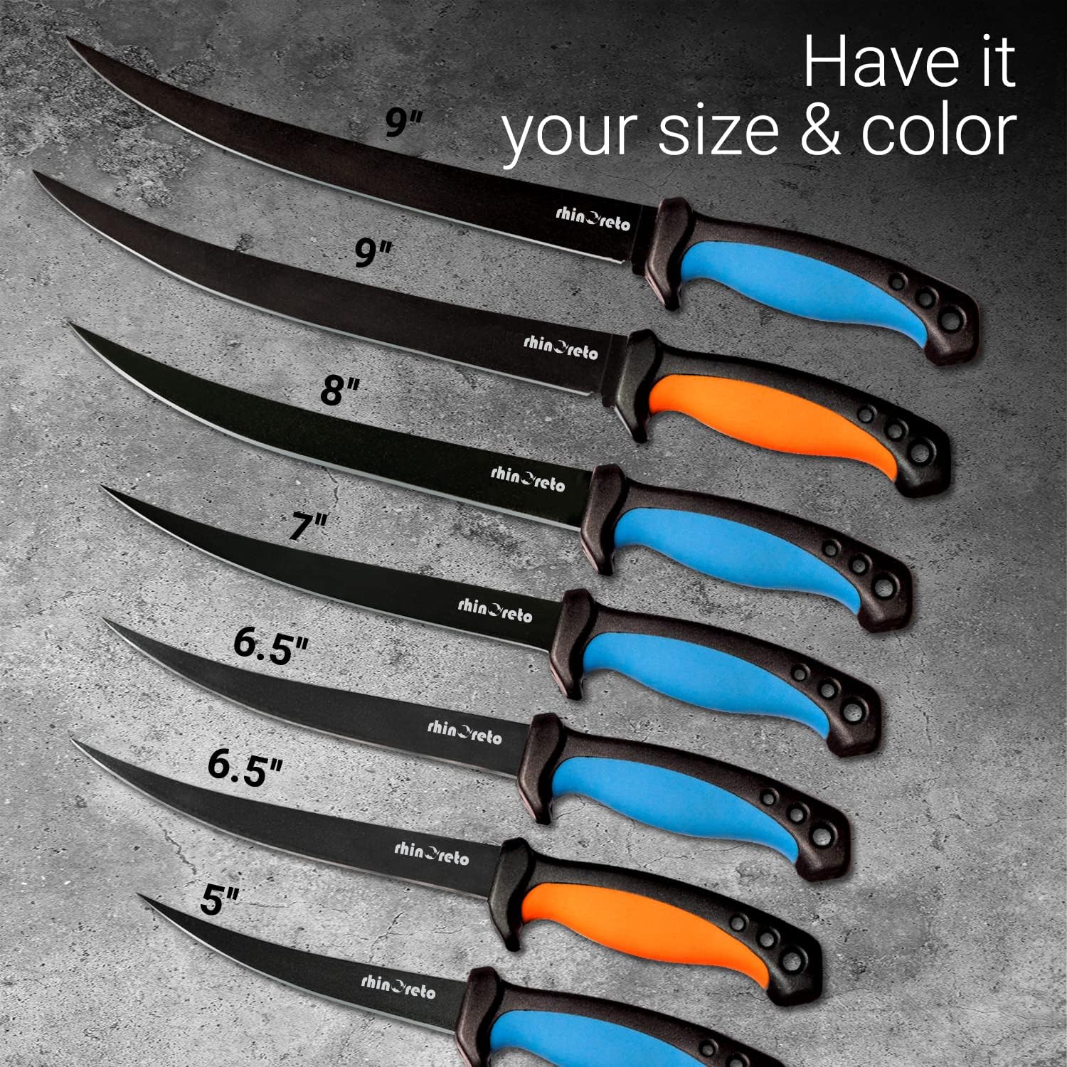 Rhinoreto Cuchillo de filete de pescado y cuchillo de pesca con funda y herramienta de afilado. Cuchillo de filete para pescado y cuchillo de