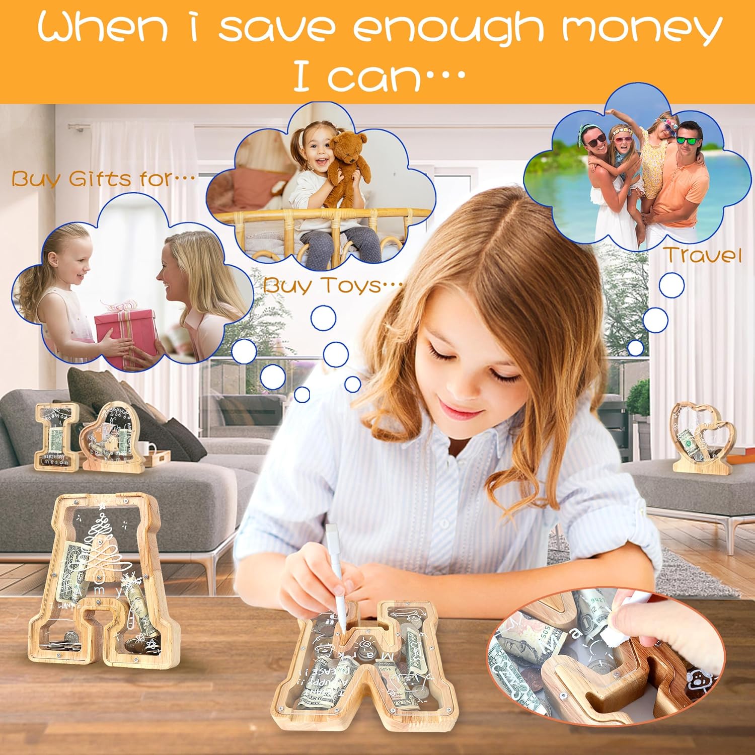 Alcancía con letras para niños y niñas, de madera personalizada de la A a la Z, banco de billetes del alfabeto transparente, para decoración de