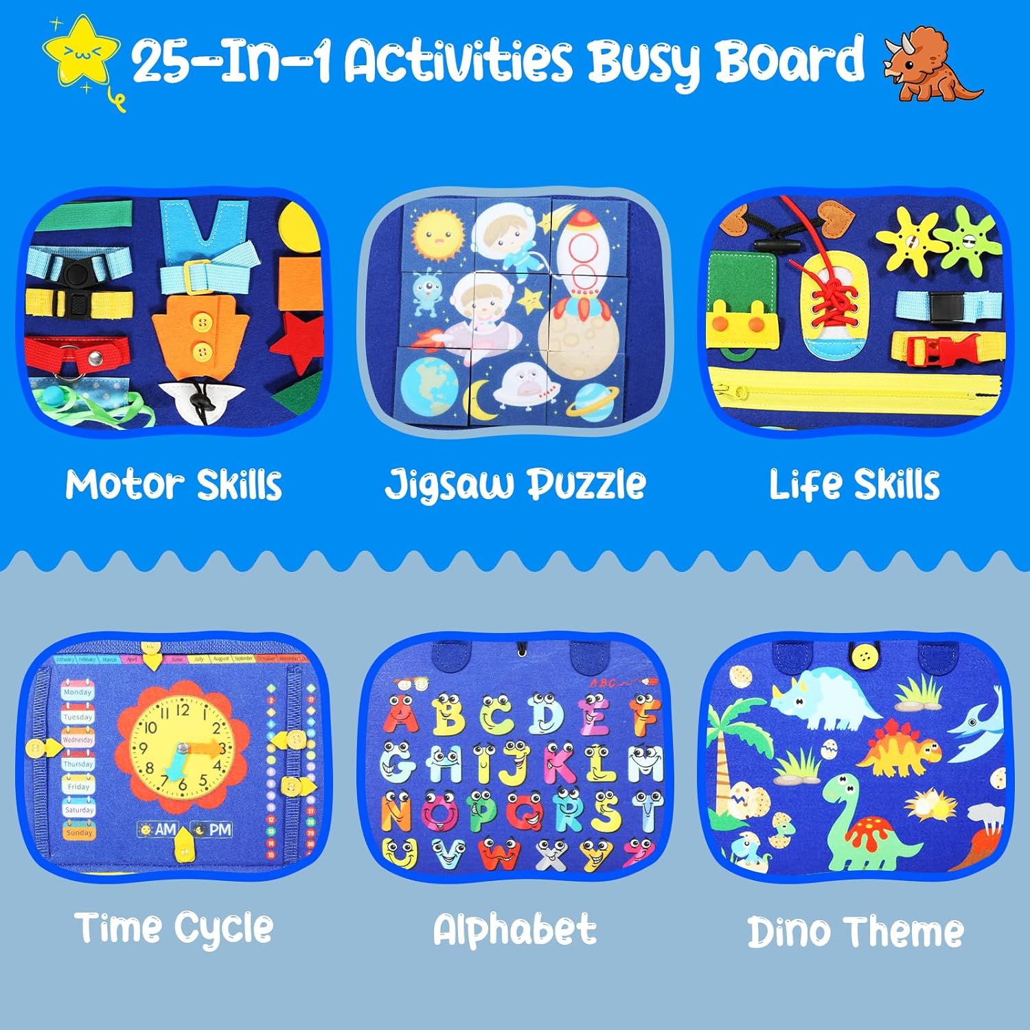 Tablero de actividades, tablero de actividades para niños pequeños de 1 a 4 años, juguetes Montessori para niños pequeños, color azul, 6 páginas