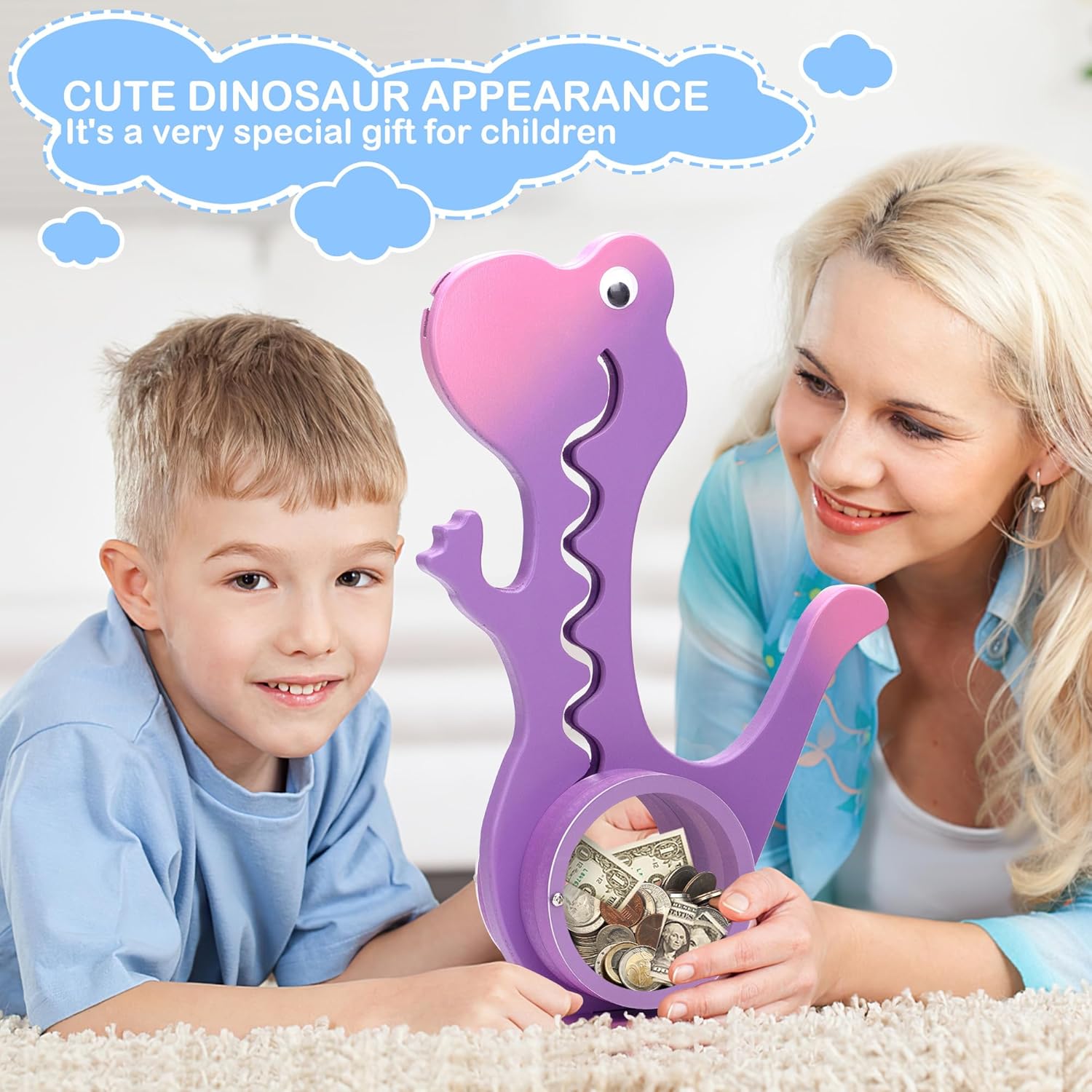 Hucha de dinosaurio de madera Boalord para niños y niñas, banco de monedas de animales de vientre grande transparente para niños pequeños, juguete