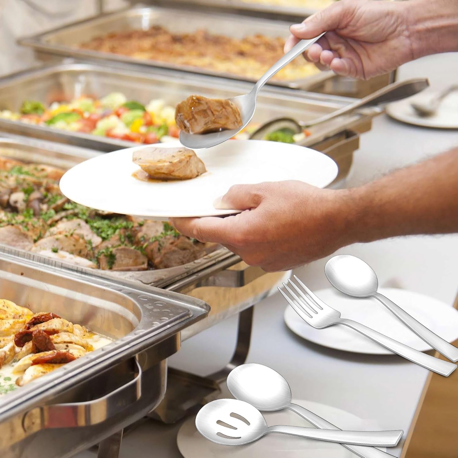 HaWare – Utensilios para servir, juego de 5 piezas de acero inoxidable para bufé, fiesta, cocina, restaurante, cubiertos de mango cuadrado, acabado