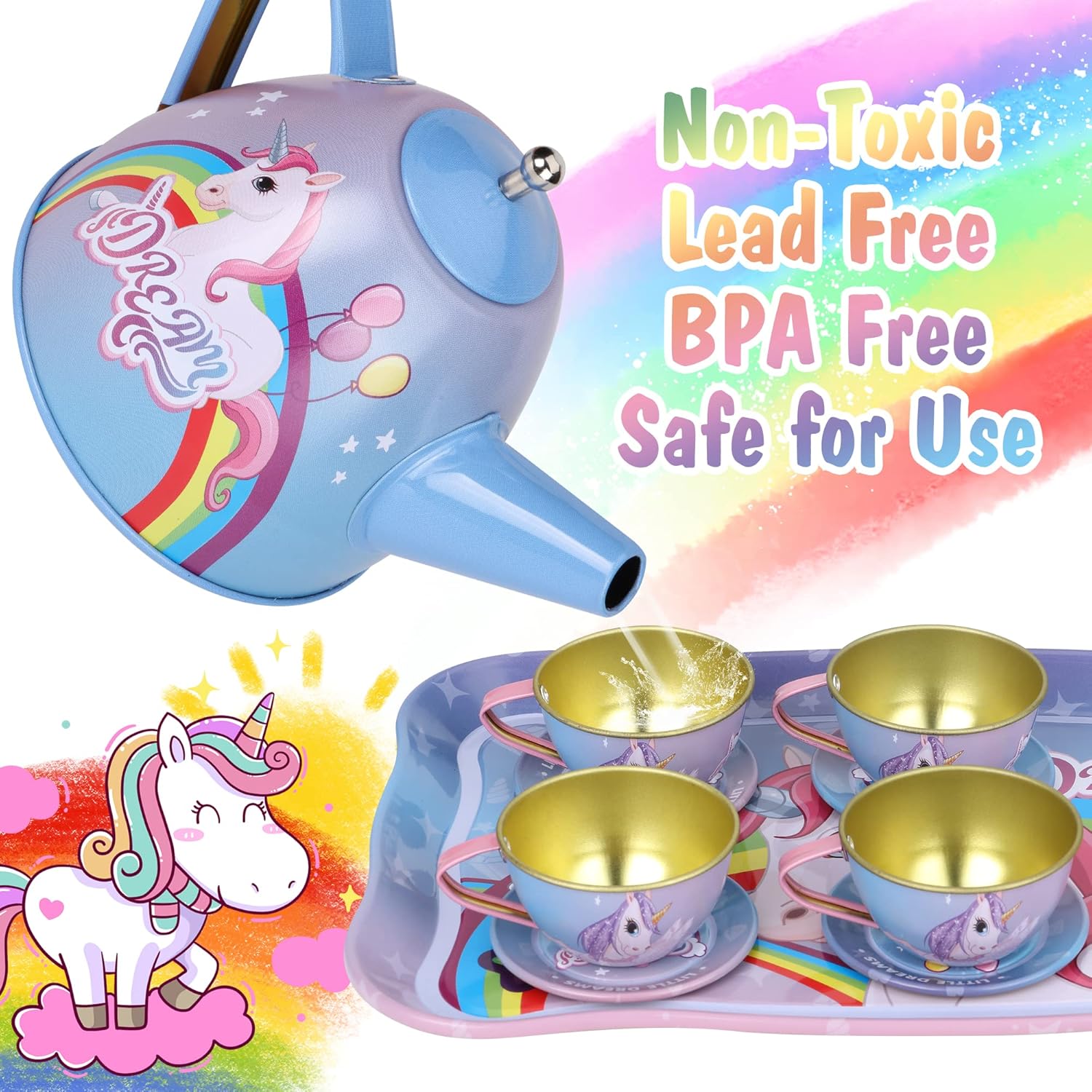 SAITI Juego de té de fiesta temática de unicornio para niñas pequeñas, juego de té de princesa, tetera de juguete de regalo para niños, suministros