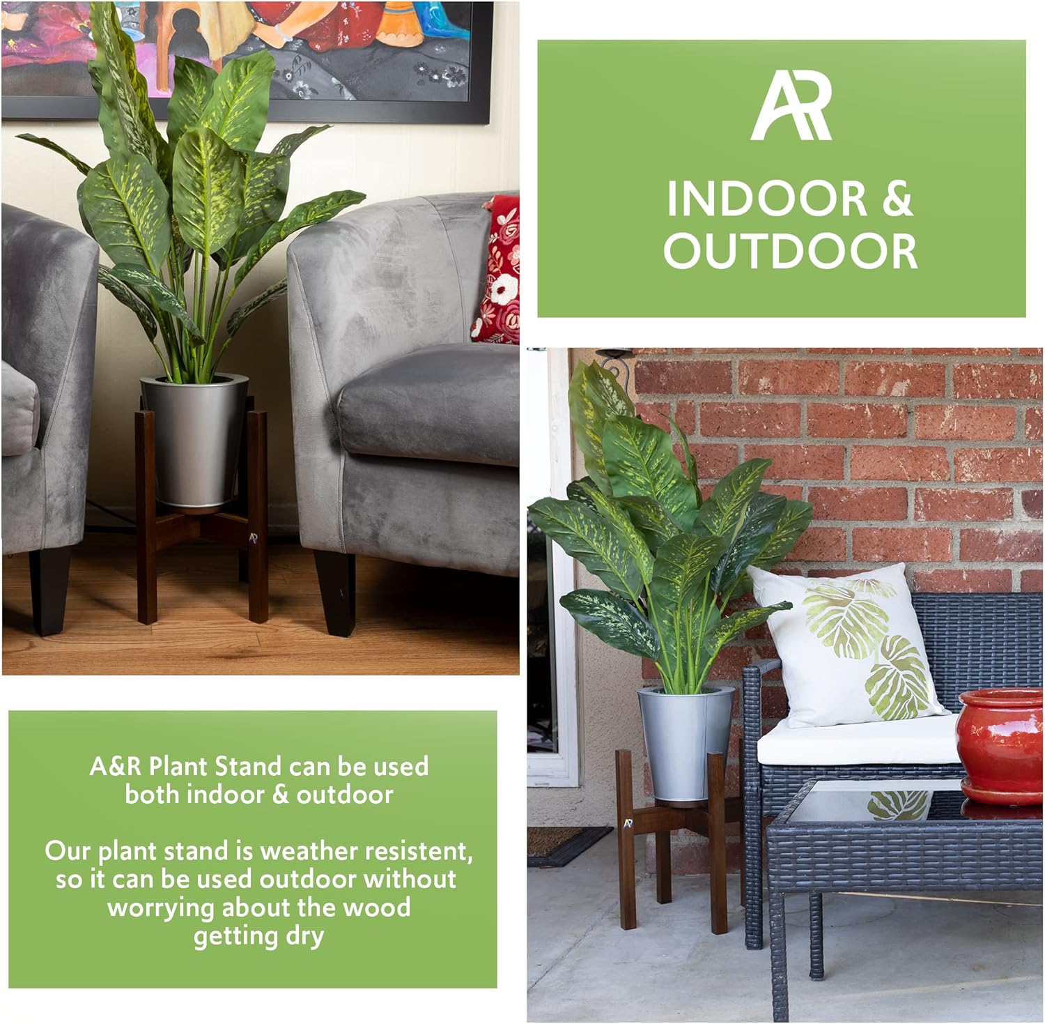 A & R Soporte ajustable de madera de acacia para plantas de 8 a 12 pulgadas, soporte moderno de mediados de siglo con bandeja para macetas