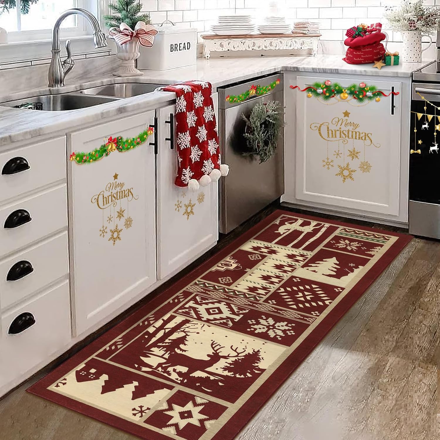 Alfombra de pasillo de cocina rústica, alfombra decorativa de Navidad, alfombra larga para pasillo interior, alfombra antideslizante lavable para