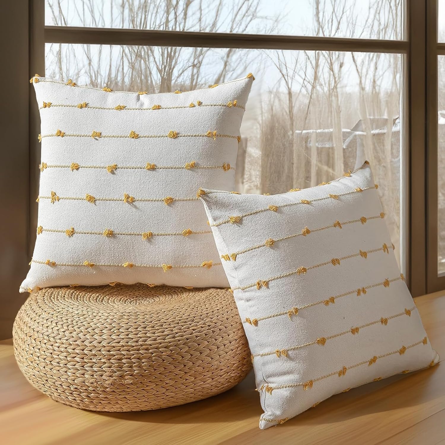 Juego de 1 funda de cojín bohemia de 24 x 24 pulgadas, funda de cojín cuadrada de lino moderna y rústica para sofá, cama (24 x 24 pulgadas, amarillo)