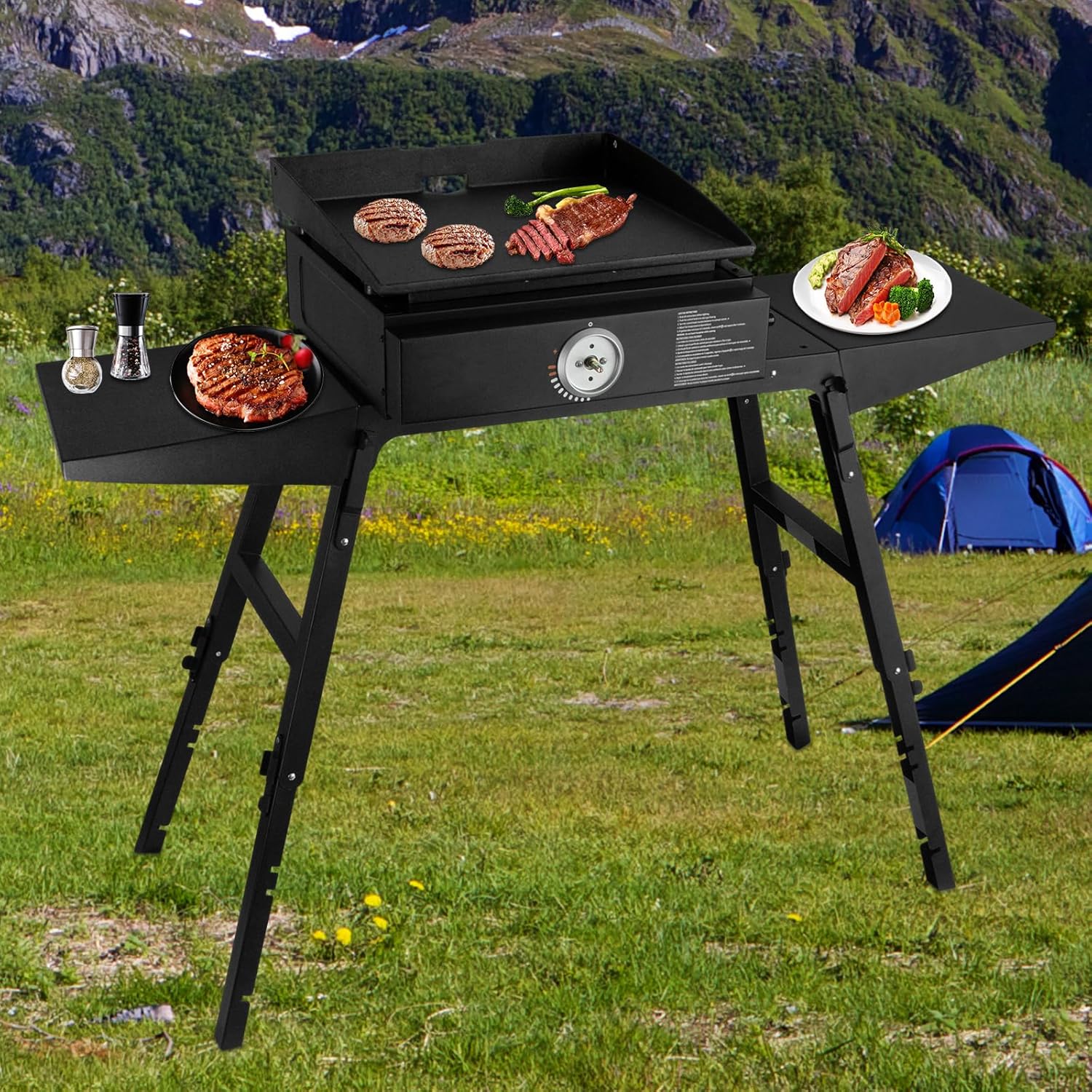 Raweao Soporte universal portátil para parrilla, soporte para parrilla Blackstone de 17 o 22 pulgadas de propano con dos estantes laterales, ideal