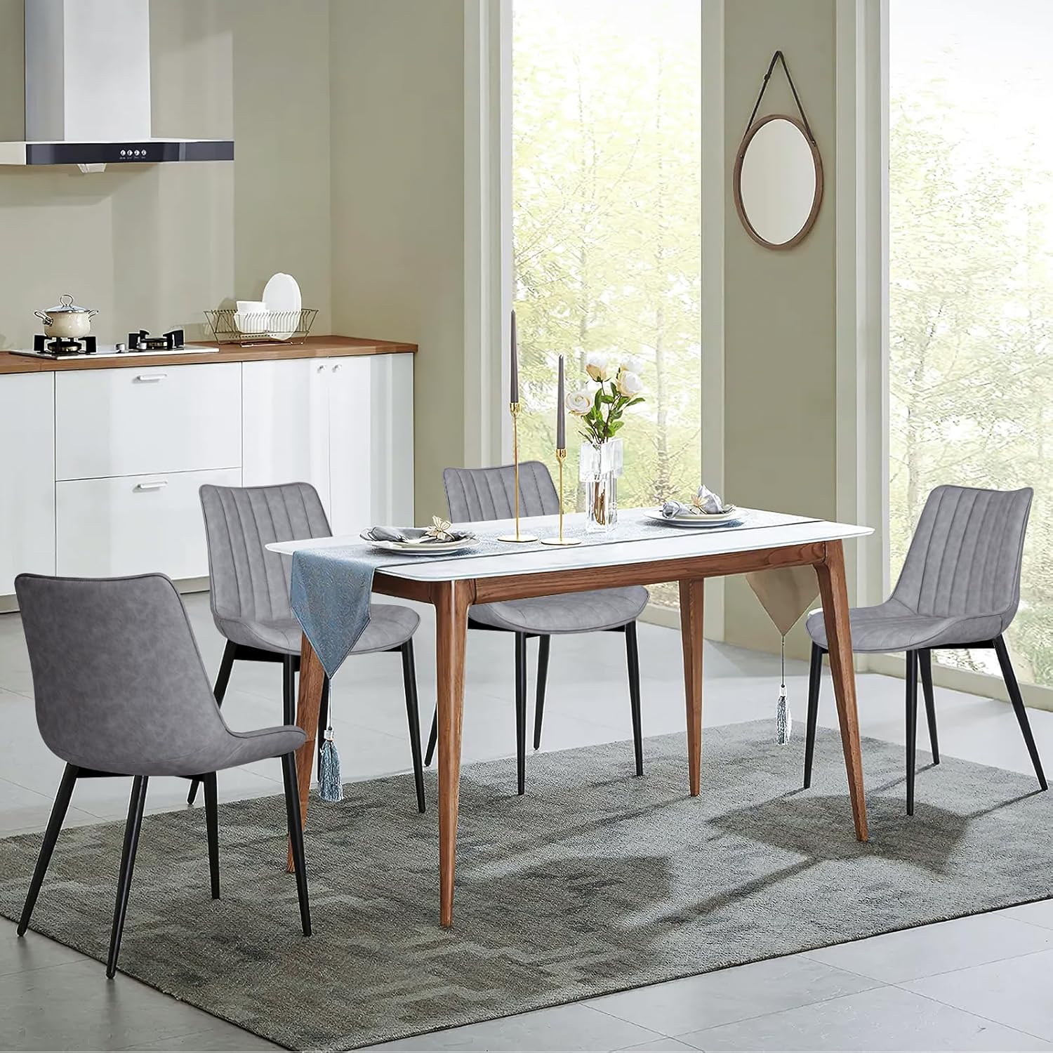 AVAWING Juego de 4 sillas de comedor, modernas de mediados de siglo, sillas de comedor de ocio sin brazos, silla tapizada de piel sintética con