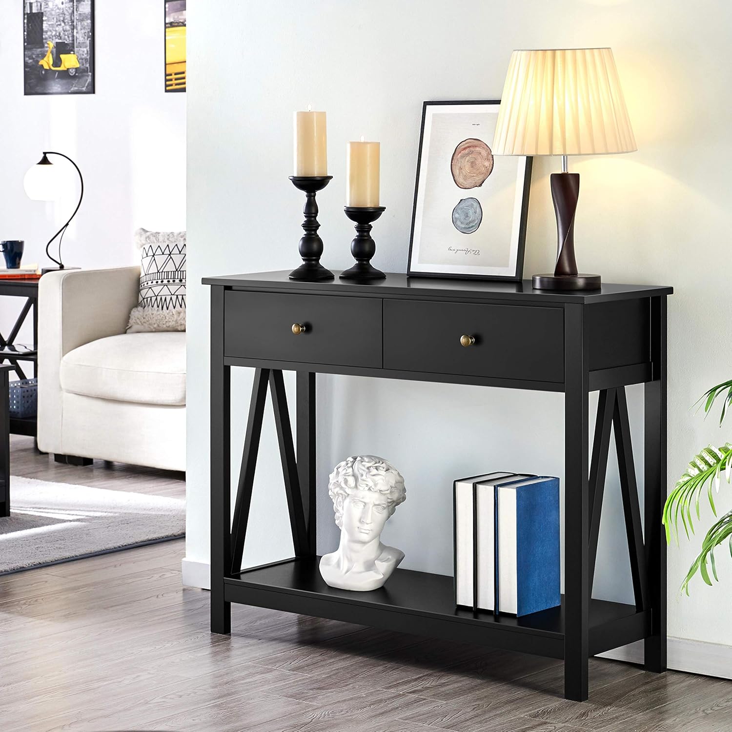 Yaheetech Mesa consola con cajón, mesa de entrada de madera con estantes de almacenamiento, mesa de sofá estrecha larga para sala de estar, entrada,
