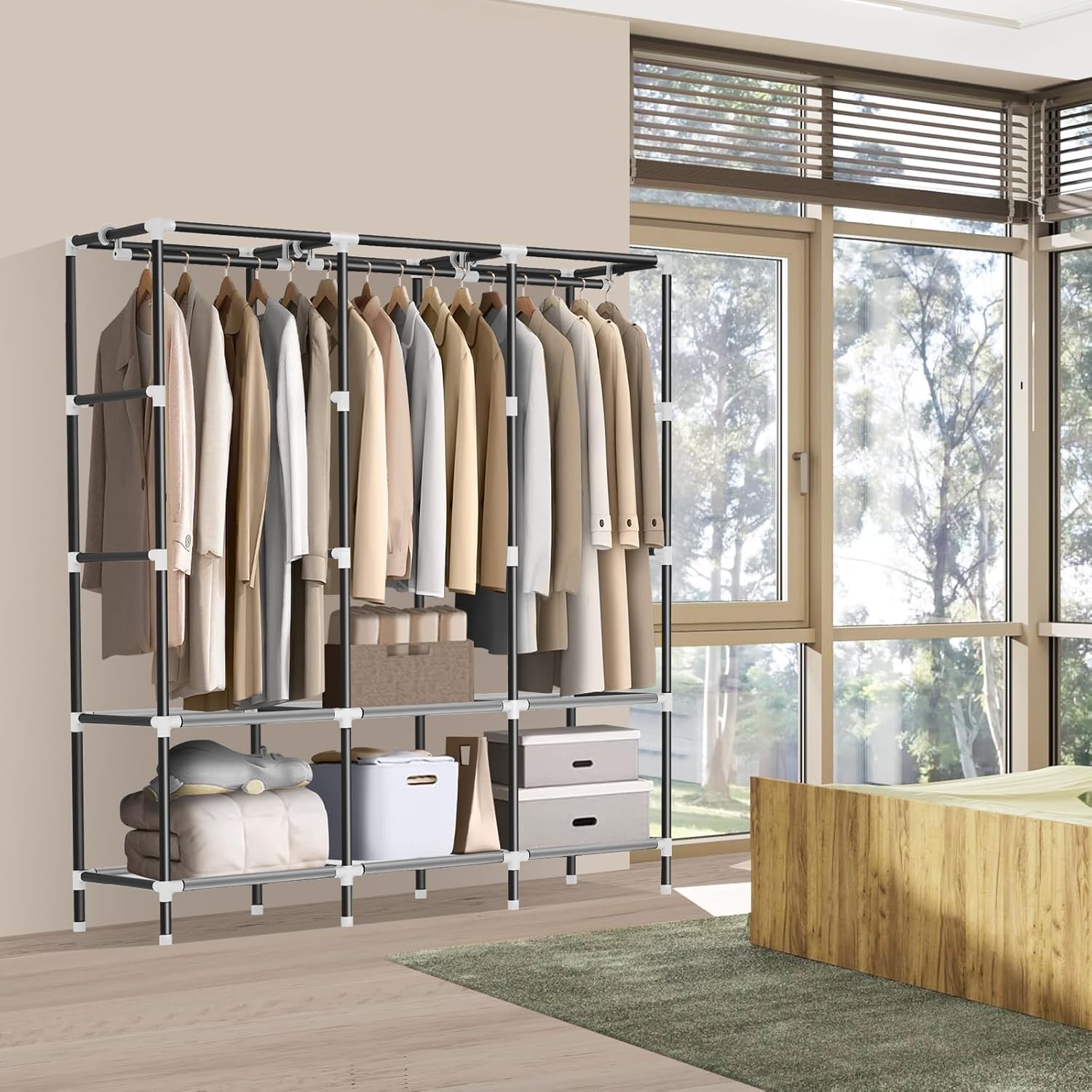LOKEME Armario portátil para dormitorio, tubo de acero de 0.748 in de diámetro, fuerte y resistente, color negro, armarios portátiles para colgar