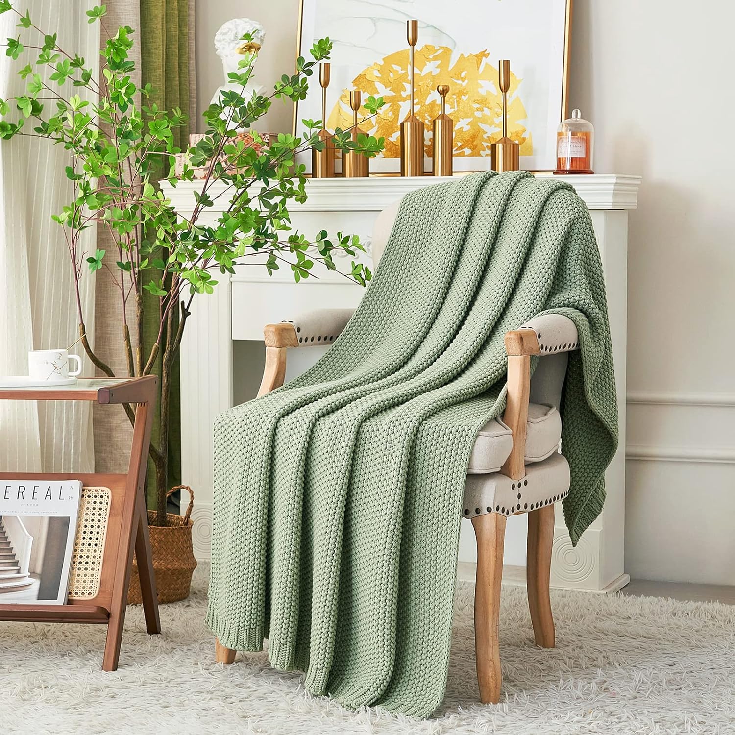 Manta de punto trenzado grueso, ligera, color verde claro, 100% algodón orgánico, para sofá, cama, guardería, rústico, shabby chic, casa de campo