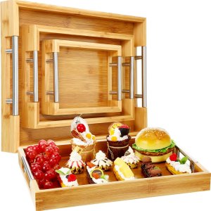 Barydat Juego de 3 bandejas de bambú para servir con asas de metal, bandejas otomanas de madera para anidar, platos de comida y bandejas para Barydat Juego de 3 bandejas de bambú para servir con asas de metal, bandejas otomanas de madera para anidar, platos de comida y bandejas para