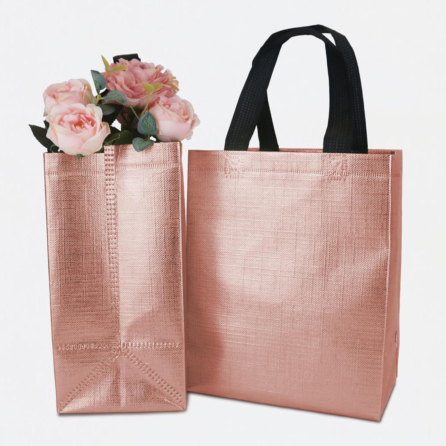 Paquete de 12 bolsas de regalo medianas de color oro rosa, bolsas de regalo reutilizables con asas, resistentes, brillantes, metálicas, no tejidas,