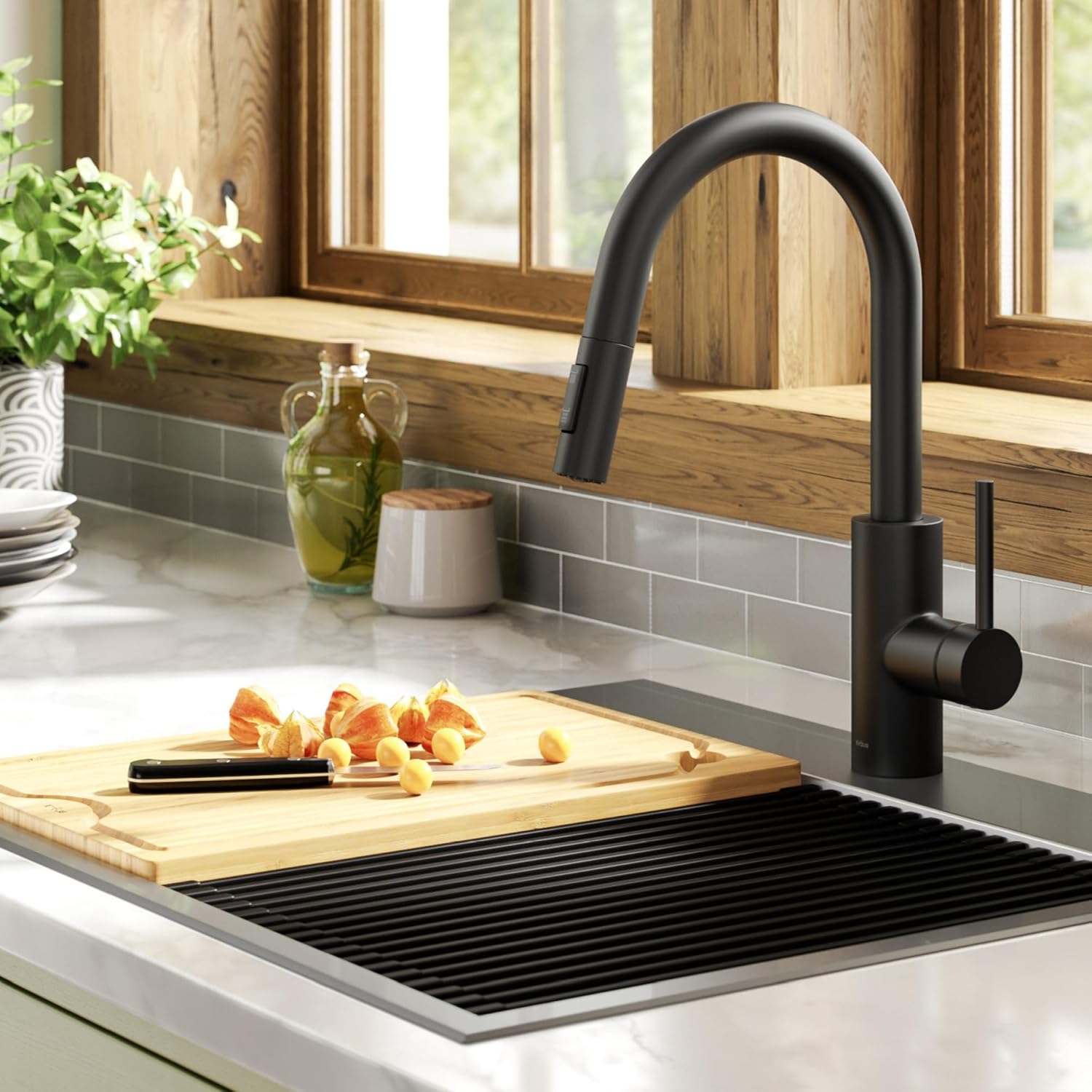 KRAUS Oletto – Grifo de cocina monomando extraíble con instalación de montaje superior QuickDock, en negro mate, KPF-2620MB