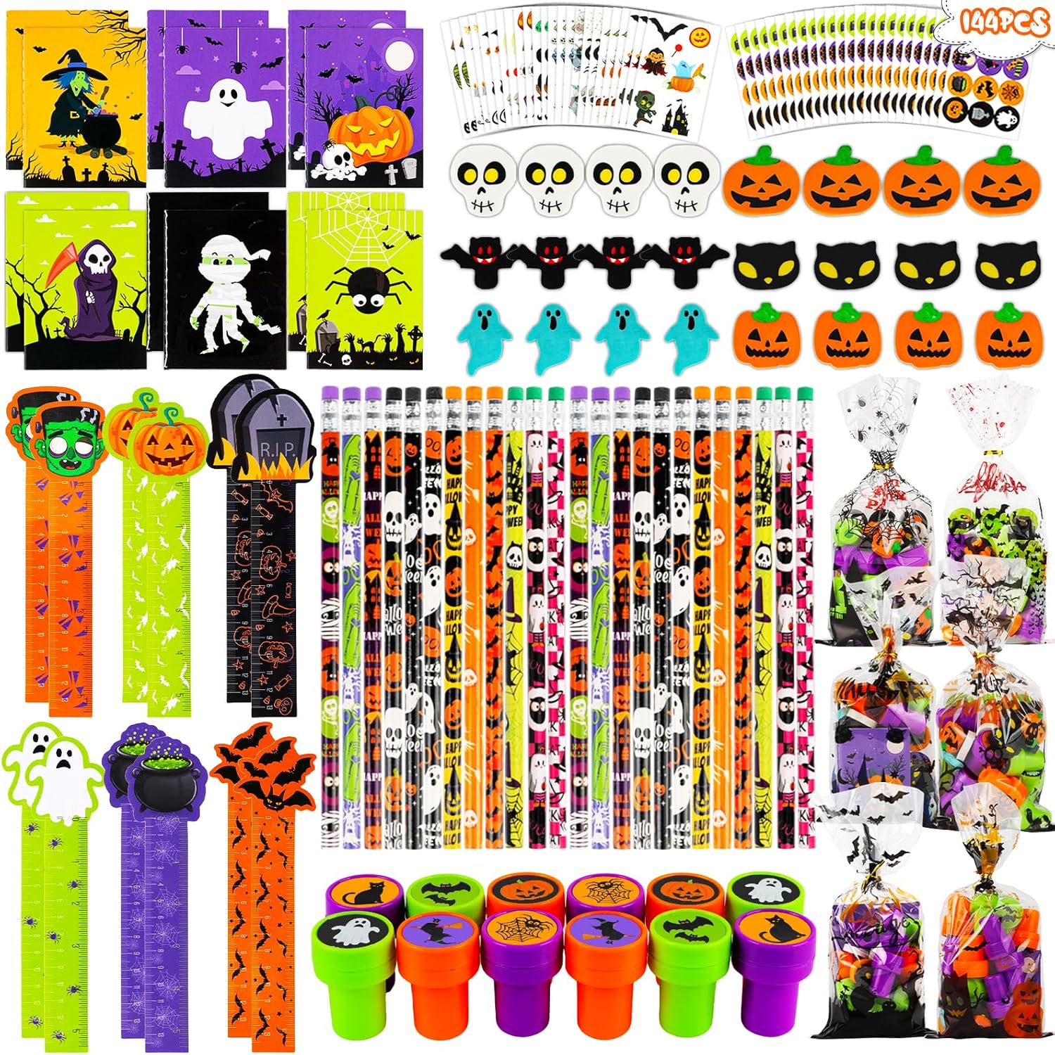 Juego de papelería de Halloween para niños, 144 piezas de regalos de fiesta de dulce o truco, regalos para niños, suministros de fiesta escolar,