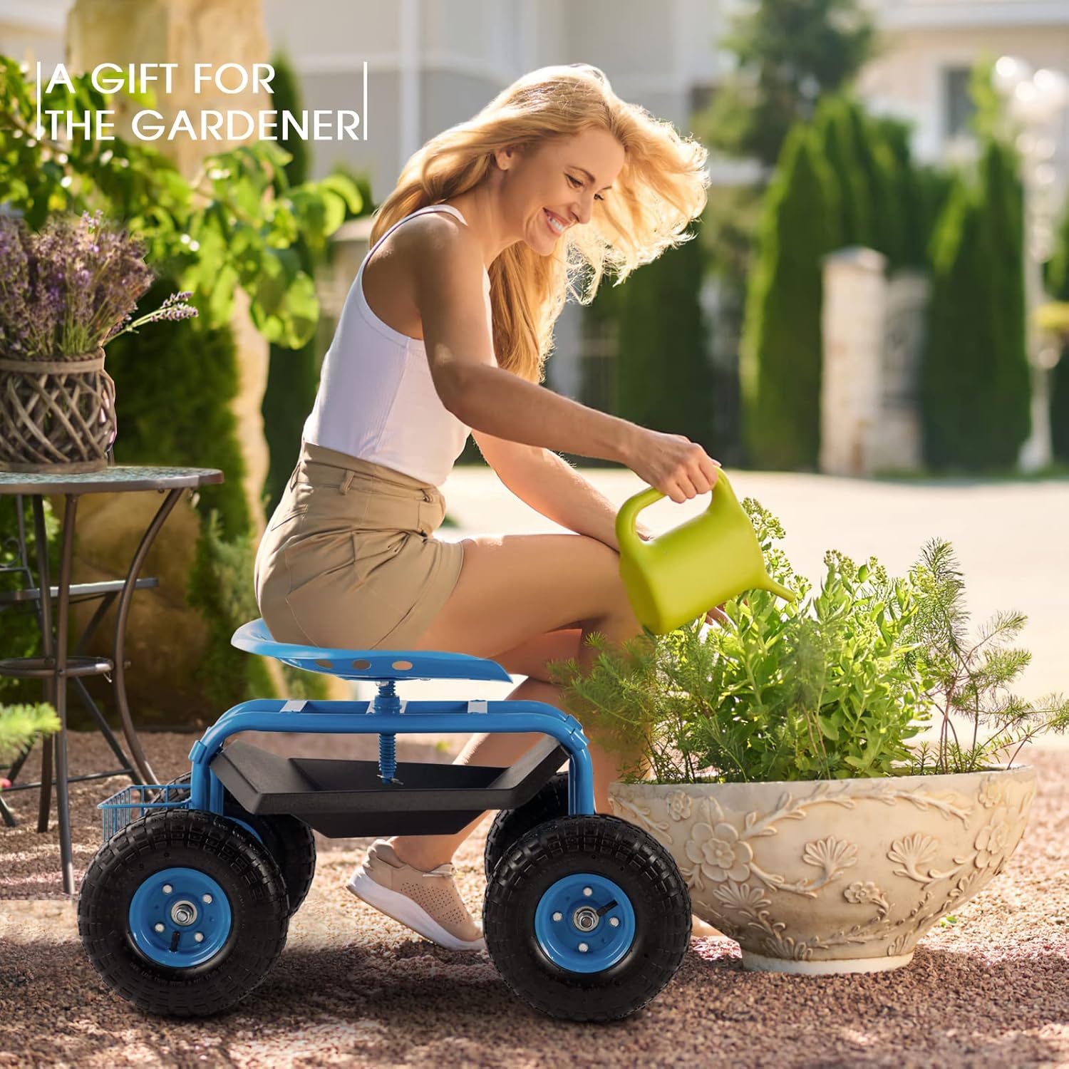 Carrito de herramientas de jardín con asiento resistente con asa y almacenamiento para personas mayores, carrito de jardín con ruedas, azul