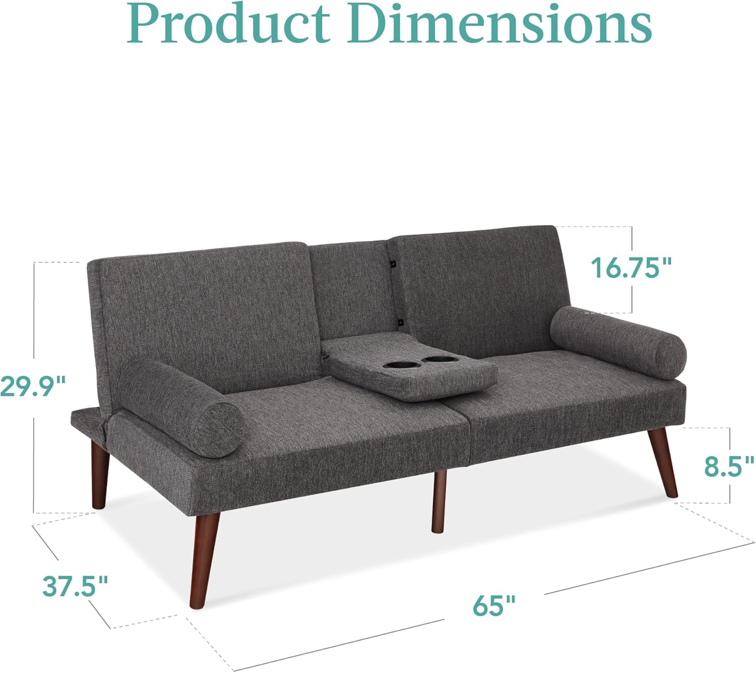 Best Choice Products Futón tapizado de tela, sofá cama plegable convertible para espacio de vida compacto, apartamento, dormitorio con reposabrazos