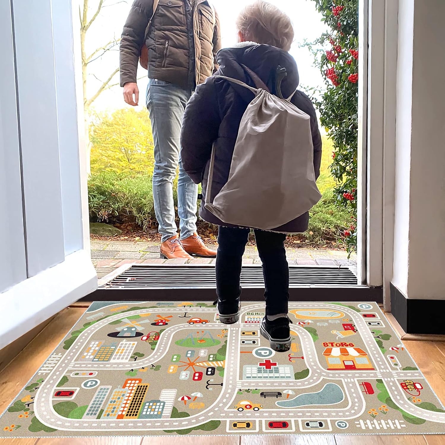 Alfombra de juegos para niños, alfombra de juego de vida urbana para autos de juguete y trenes, alfombra de área de juegos con respaldo de goma,