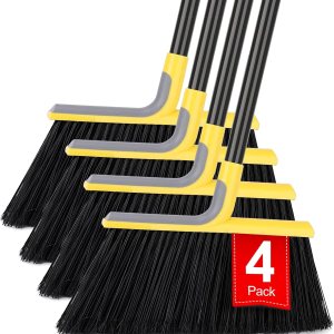 Paquete de 4 escobas al aire libre para limpieza de suelos con mango largo de 58 pulgadas, escobas comerciales resistentes para barrer interiores y Paquete de 4 escobas al aire libre para limpieza de suelos con mango largo de 58 pulgadas, escobas comerciales resistentes para barrer interiores y